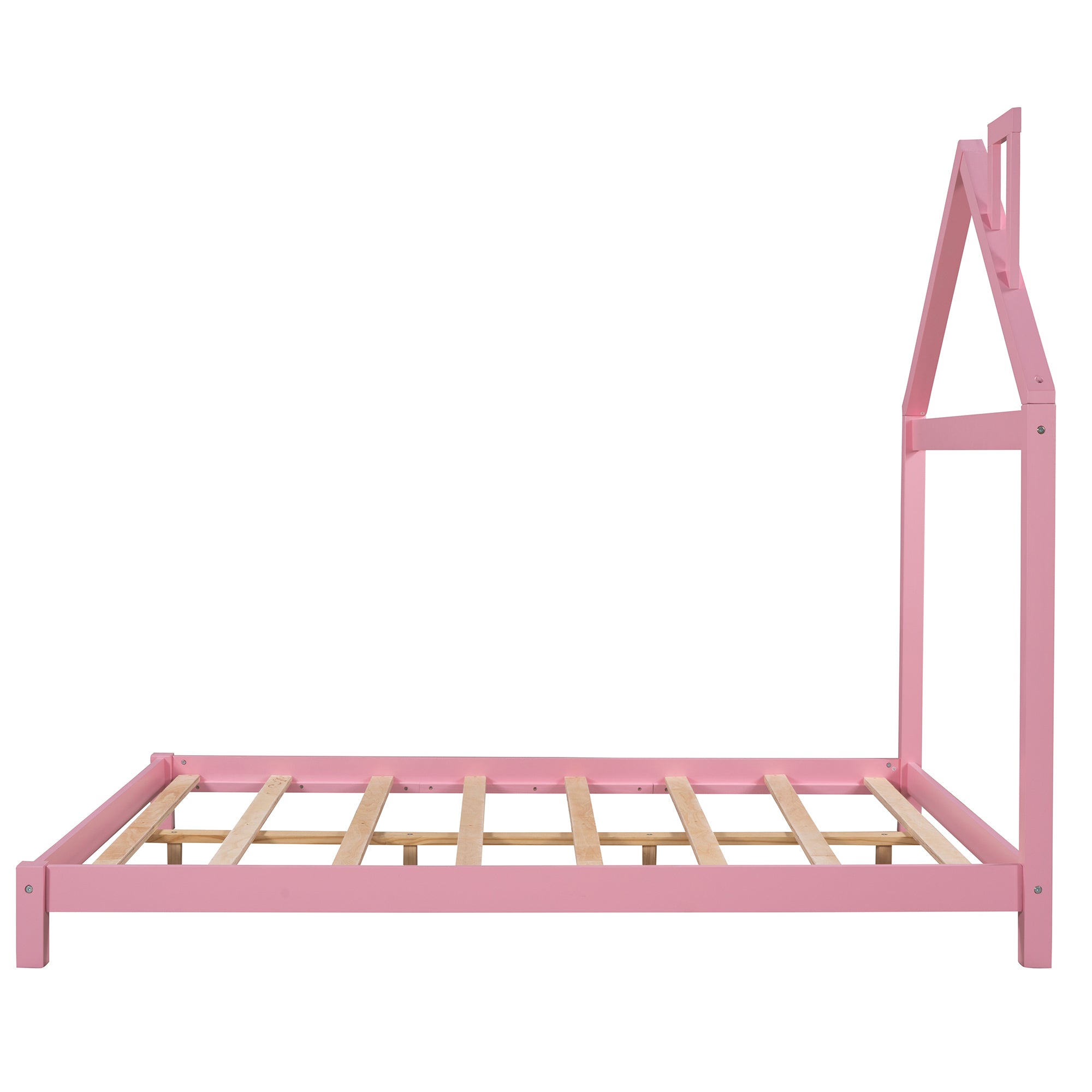 Full Size Wood Platform Bed with House-shaped Headboard  (Pink)