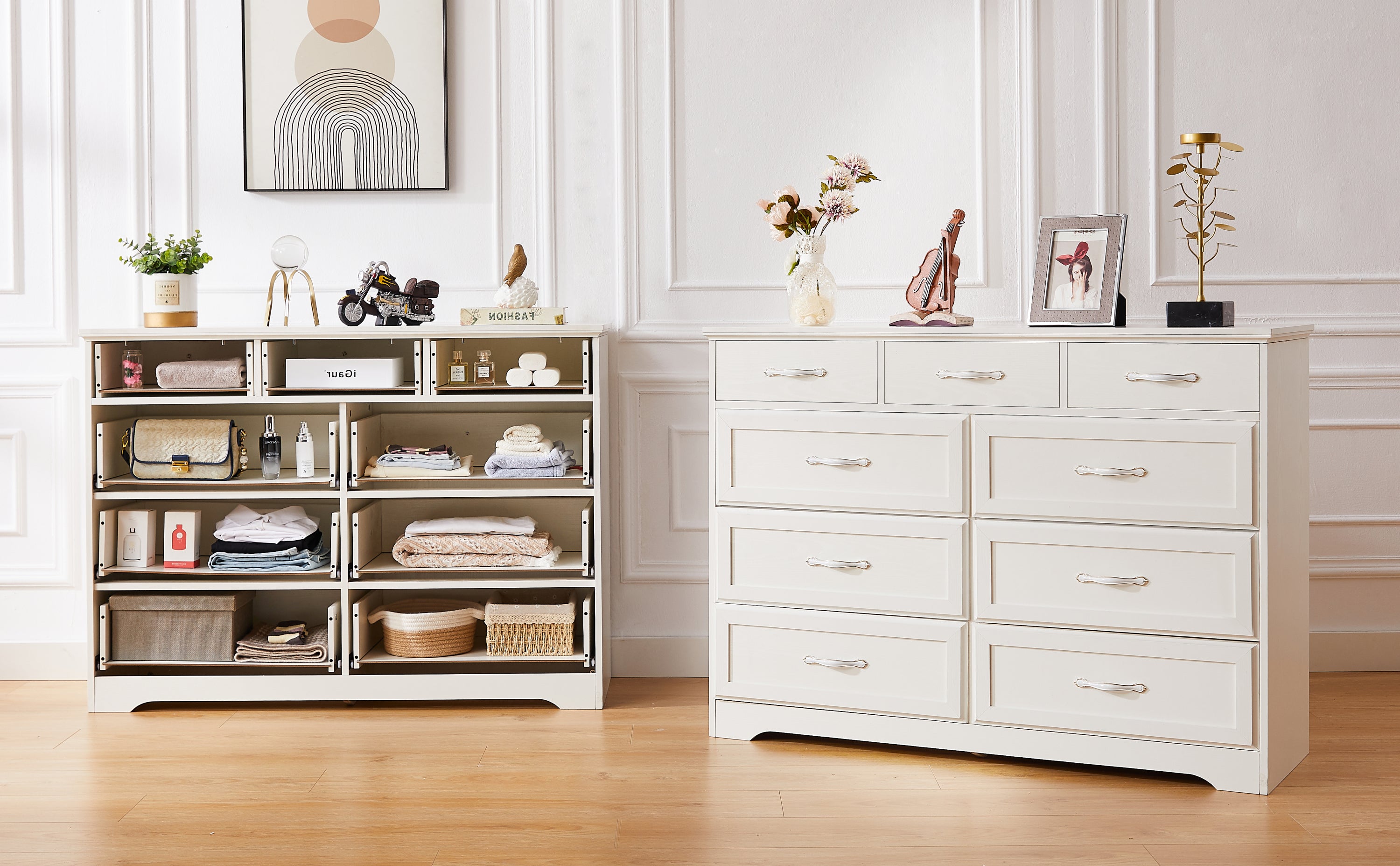 Bedroom dresser, 9 drawer long dresser with antique handles, wood chest of drawers for kids room, living room, entry and hallway, White, 47.2''W x 15.8''D x 34.6''H.