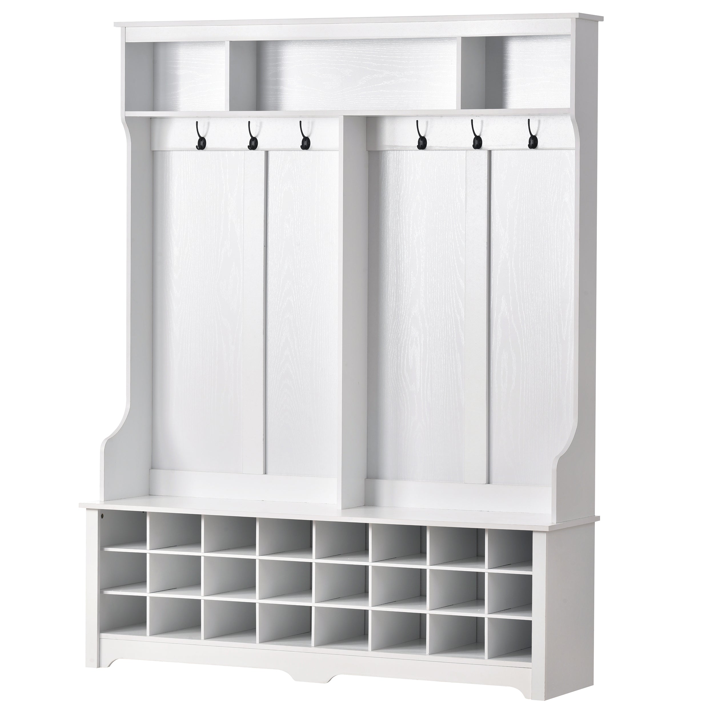 ON-TREND Modern Style Multiple Functions Hallway Coat Rack with Metal Black Hooks, Entryway Bench 60" Wide Hall Tree with Ample Storage Space and 24 Shoe Cubbies , White ( OLD SKU: WF286983AAK )