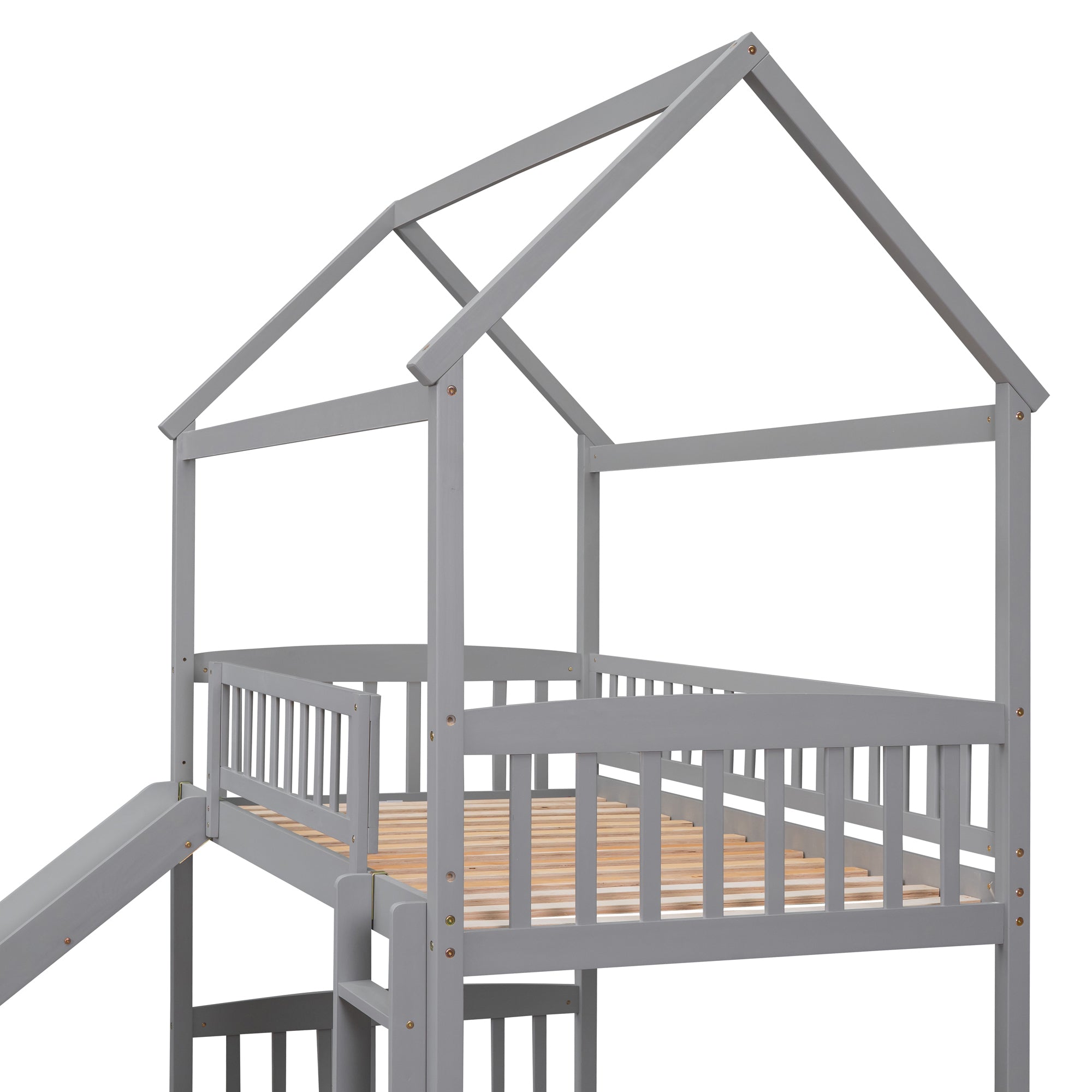 Twin Over Twin Bunk Bed with Slide, House Bed with Slide, Gray(OLD SKU: LT000214AAE)