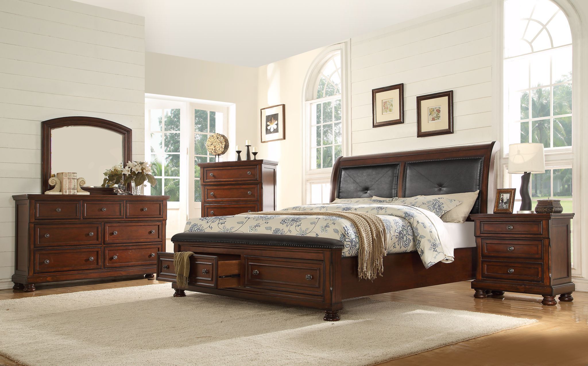 Austin Queen 4 Pc Storage Bedroom Set Made with Dark Wood in Walnut