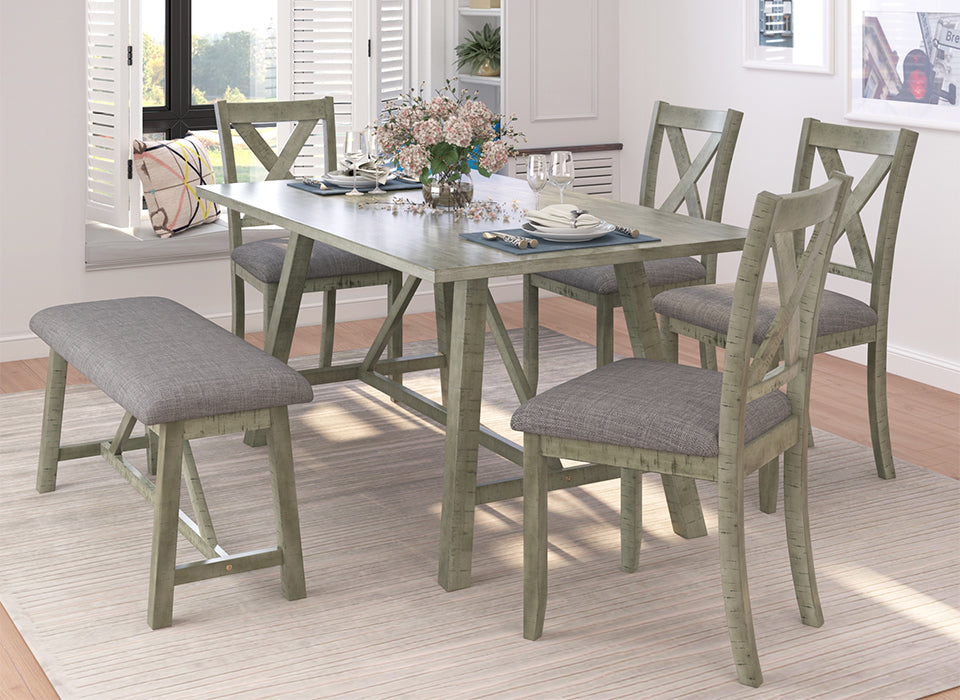 TOPMAX 6 Piece Dining Table Set Wood Dining Table and chair Kitchen Table Set with Table, Bench and 4 Chairs, Rustic Style, Gray(No Difference with SH000109AAE）