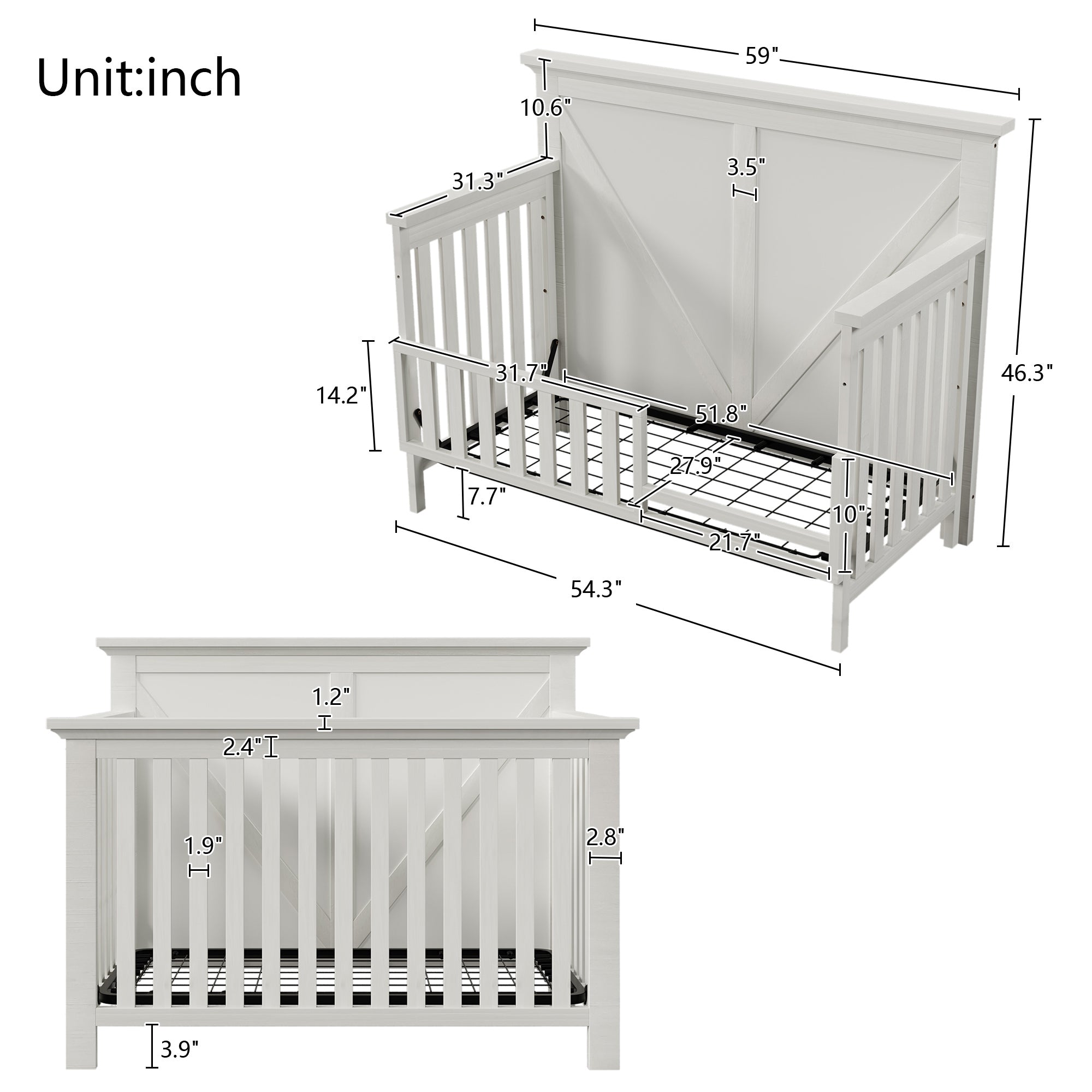 Rustic Farmhouse Style 4-in-1 Convertible Baby Crib - Converts to Toddler Bed, Daybed and Full-Size Bed, White