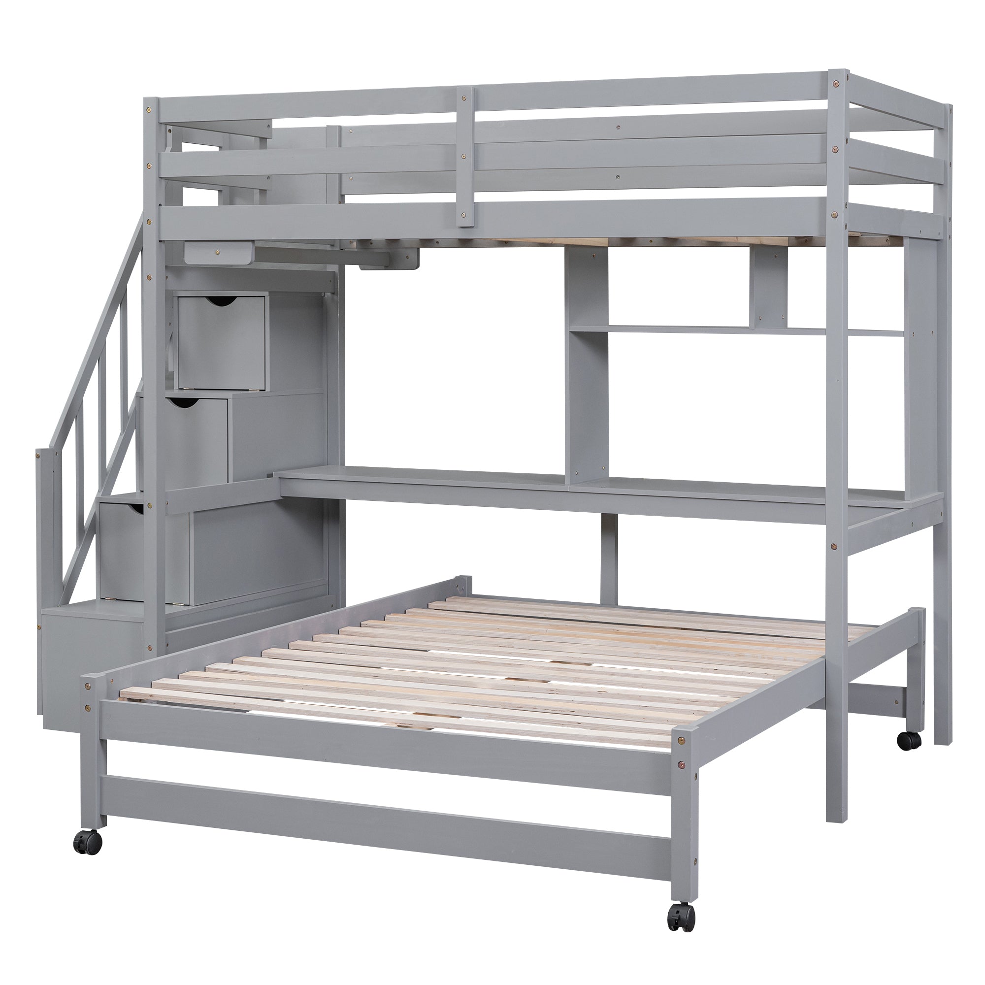 Twin over Full Bunk Bed with Storage Staircase, Desk, Shelves and Hanger for Clothes, Gray