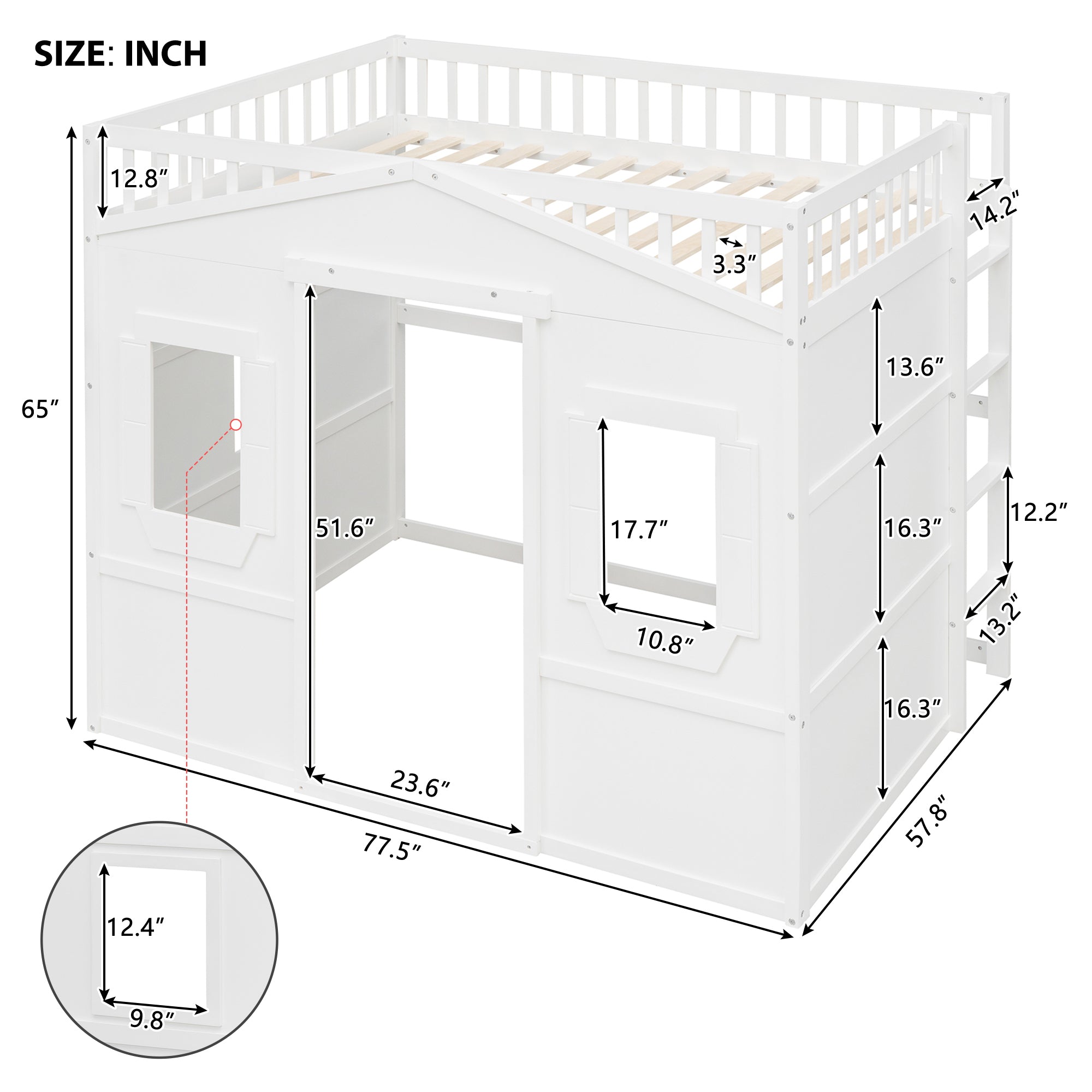 Full Size House Loft Bed With Ladder-White