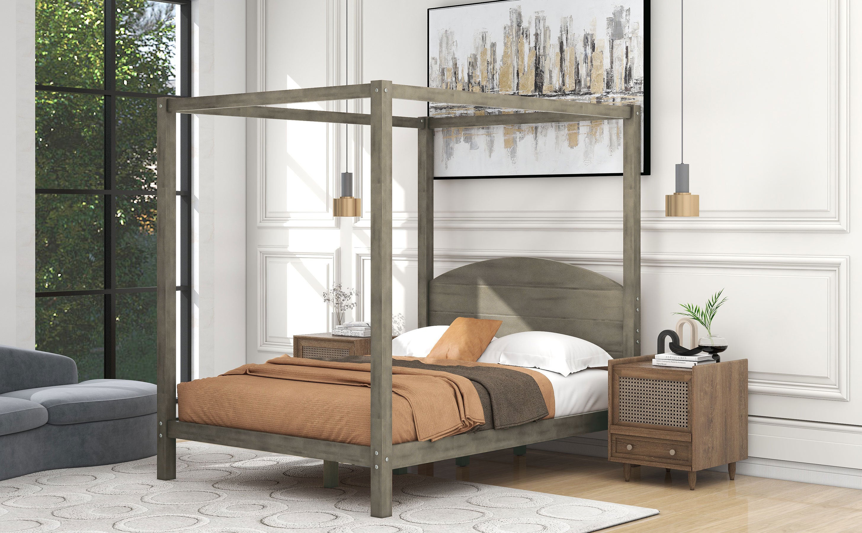 Full Size Canopy Platform Bed with Headboard and Support Legs,Brown Wash