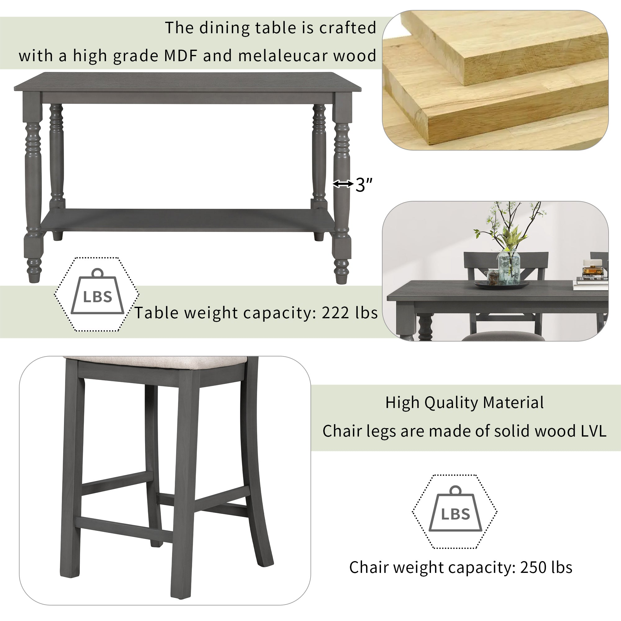 TREXM 6-Piece Counter Height Dining Table Set Table with Shelf 4 Chairs and Bench for Dining Room (Gray)