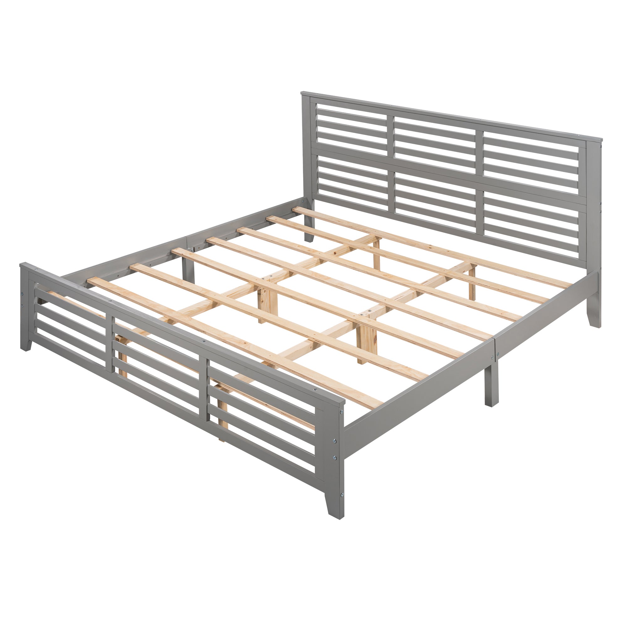 Platform bed with horizontal strip hollow shape, King size, gray （New）