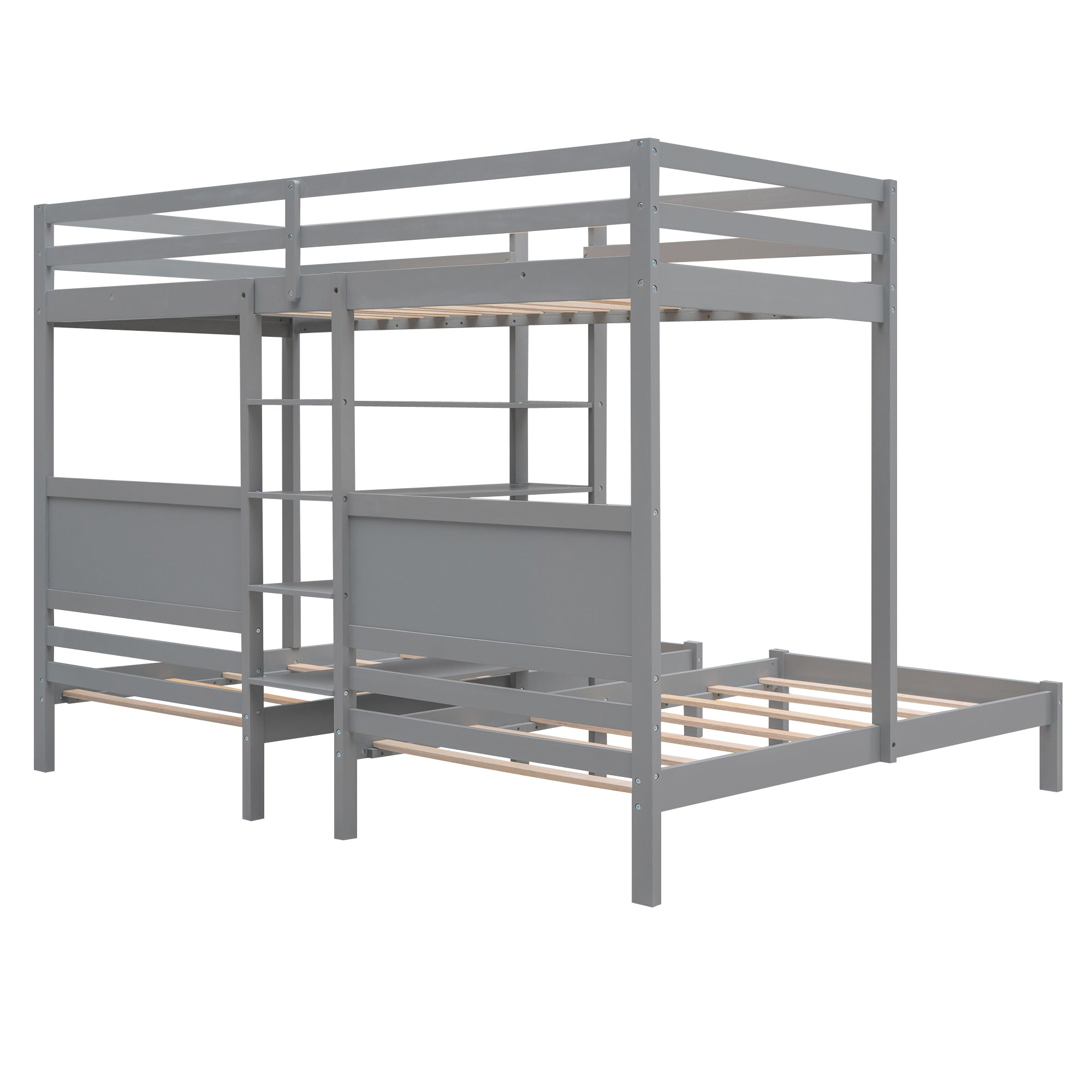 Twin XL over Twin&Twin Bunk Bed with Built-in Four Shelves and Ladder,Gray