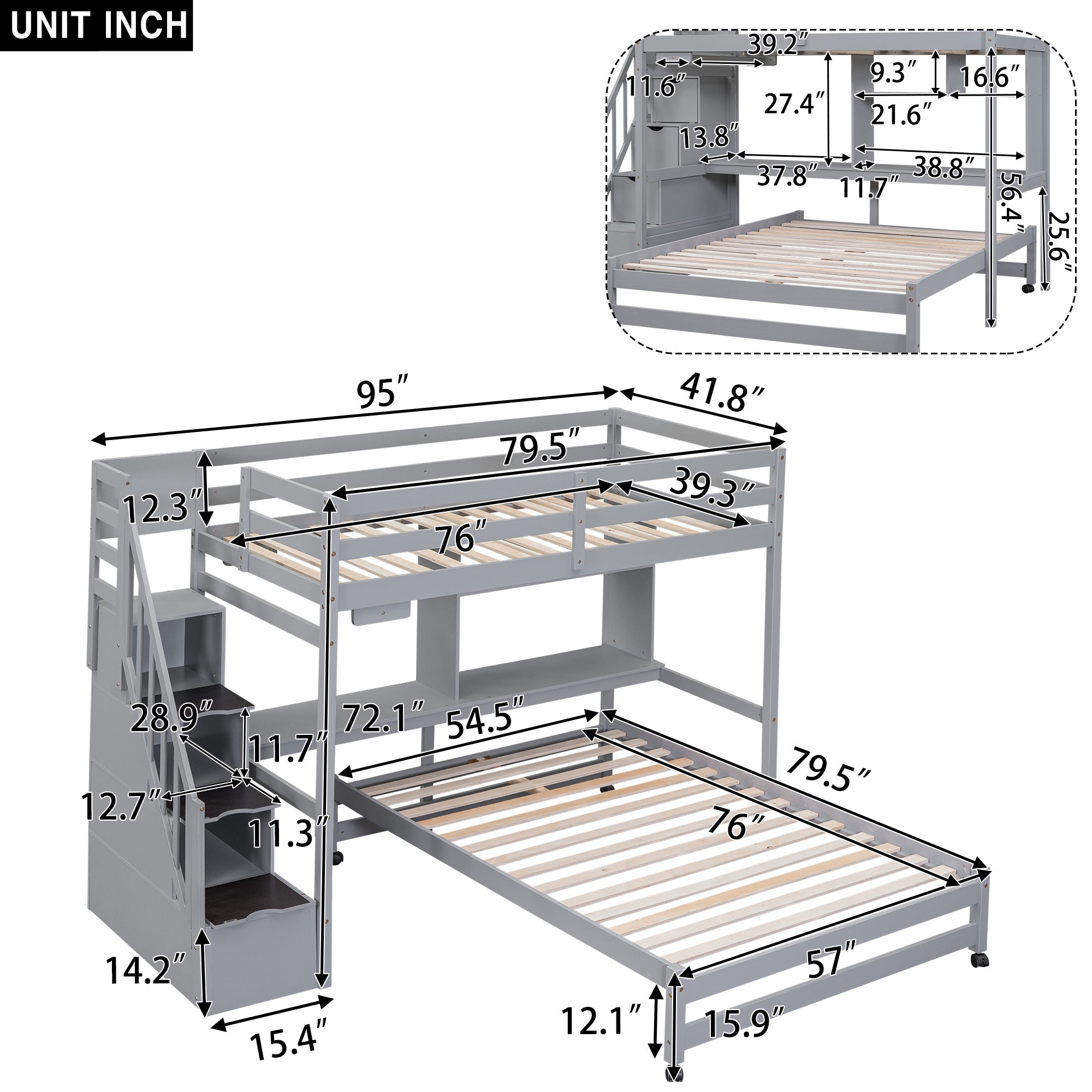 Twin over Full Bunk Bed with Storage Staircase, Desk, Shelves and Hanger for Clothes, Gray