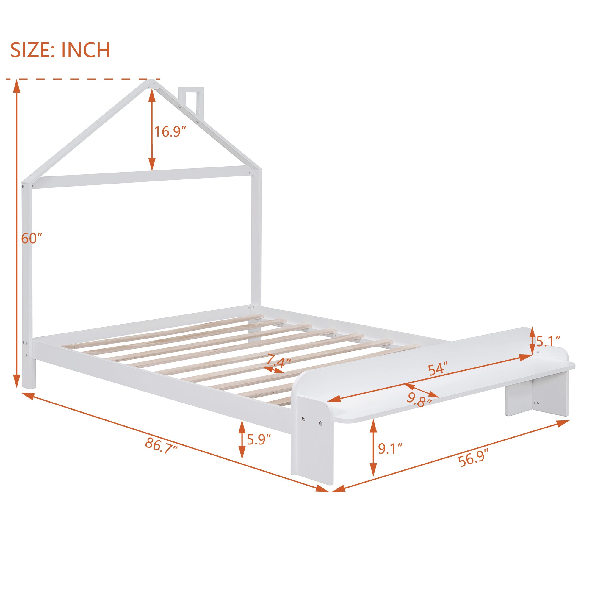 Full Size Wood Platform Bed with House-shaped Headboard and Footboard Bench,White