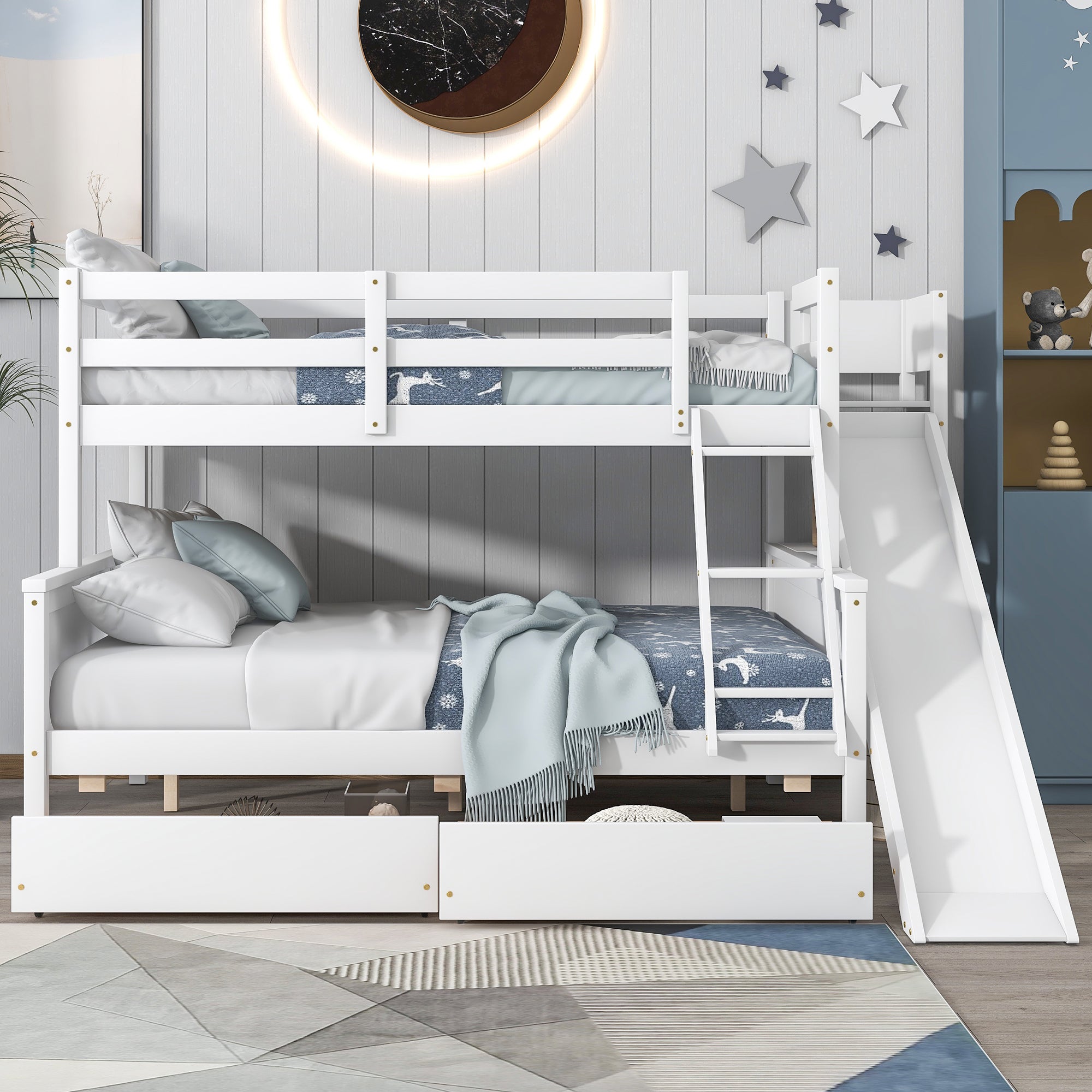 Twin over Full Bunk Bed with 2 Drawers,Slide,Shelves White