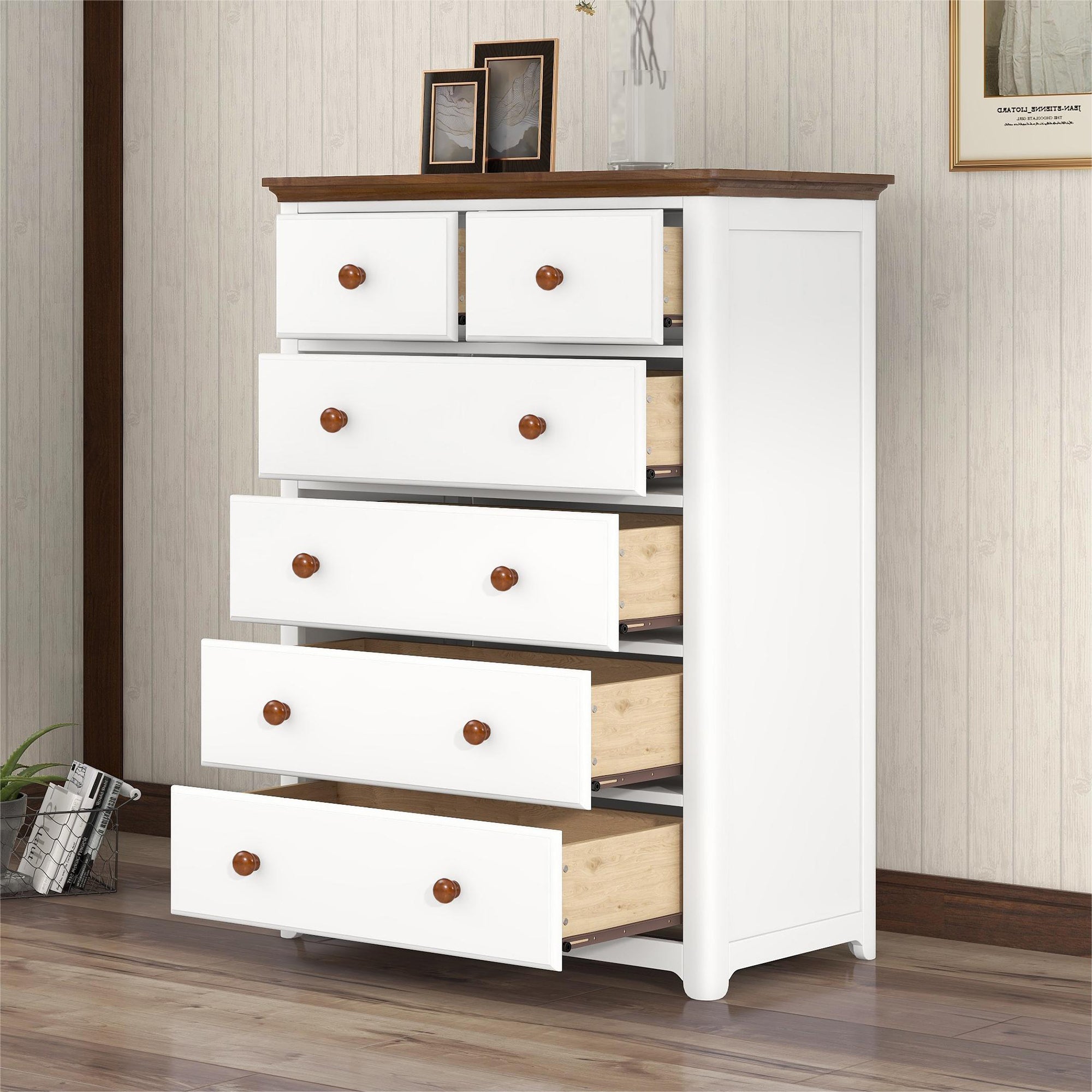 Rustic Wooden Chest with 6 Drawers,Storage Cabinet for Bedroom,White+Walnut