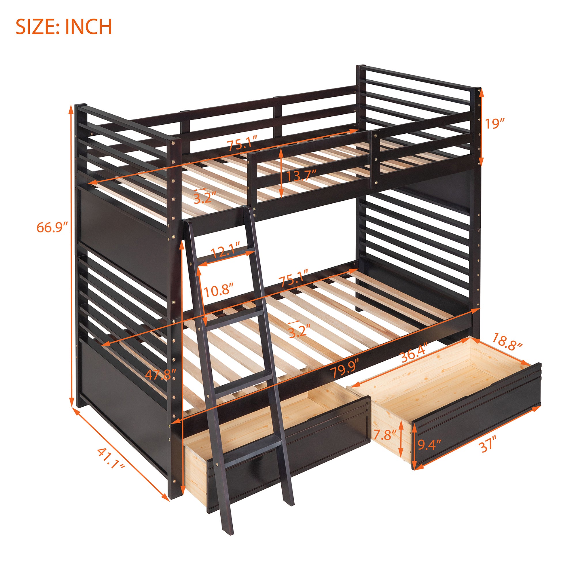 Twin over Twin Wood Bunk Bed with Two Drawers - Espresso·