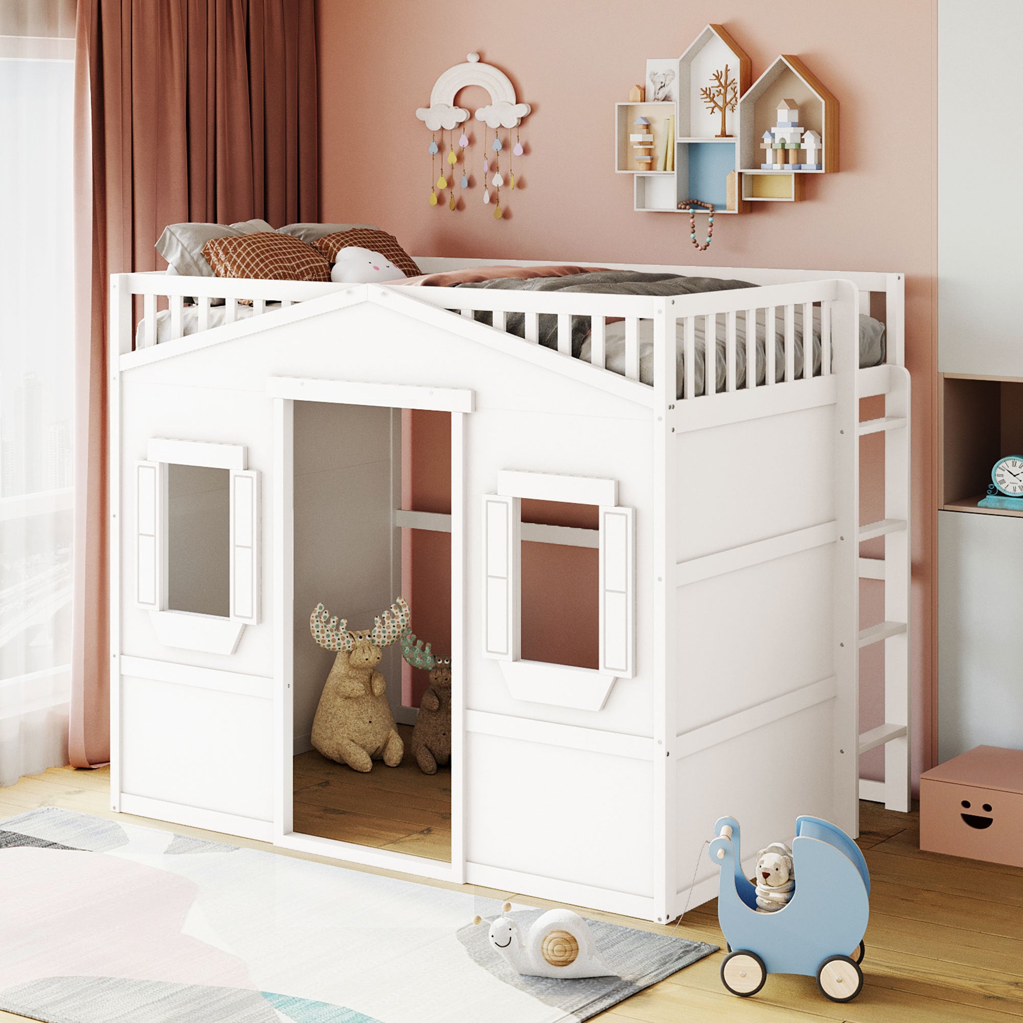 Full Size House Loft Bed With Ladder-White