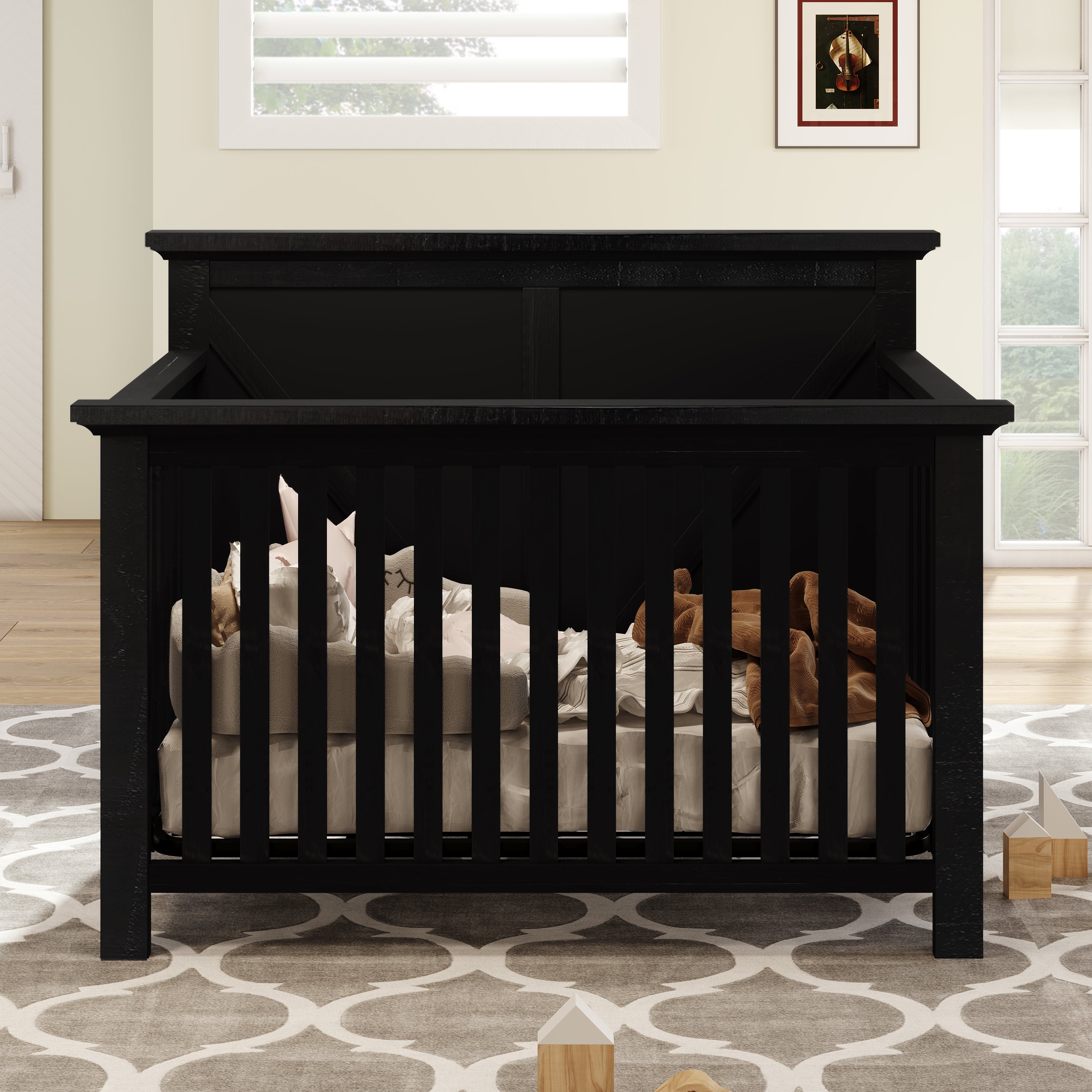 Rustic Farmhouse Style 4-in-1 Convertible Baby Crib - Converts to Toddler Bed, Daybed and Full-Size Bed, Coffee