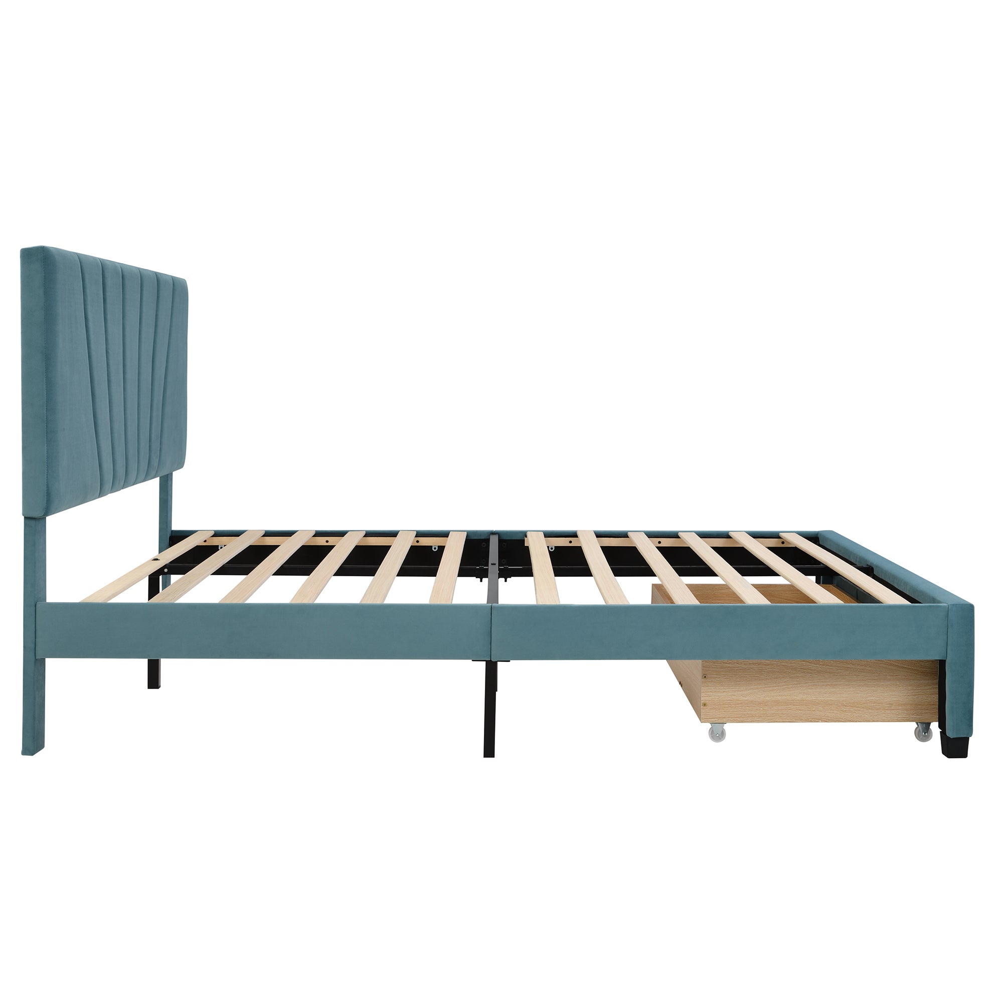 Queen Size Storage Bed Velvet Upholstered Platform Bed with a Big Drawer - Blue