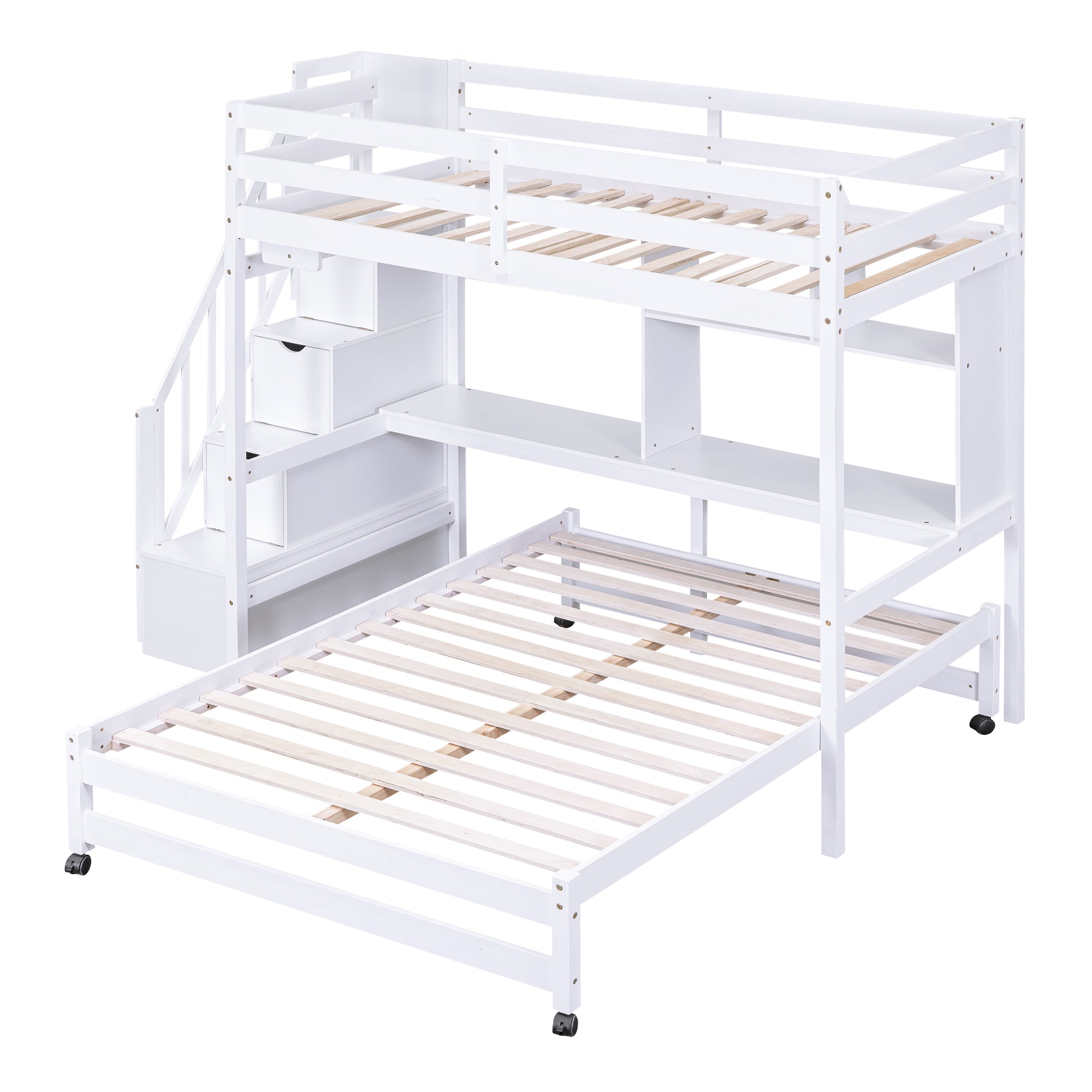 Twin over Full Bunk Bed with Storage Staircase, Desk, Shelves and Hanger for Clothes, White