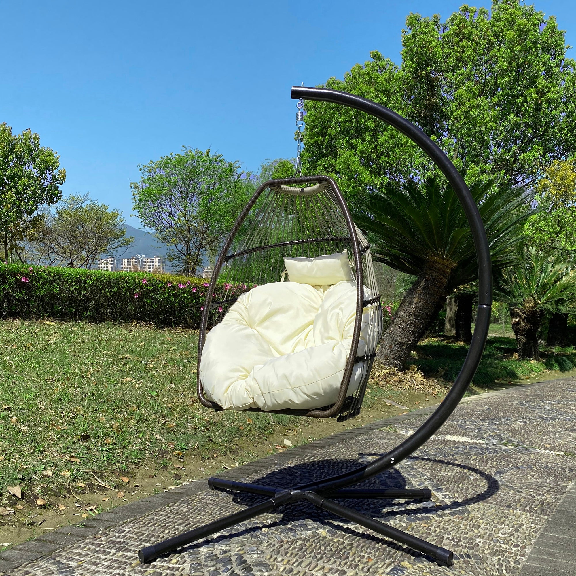 Outdoor Patio Wicker Folding Hanging Chair,Rattan Swing Hammock Egg Chair With C Type Bracket , With Cushion And Pillow