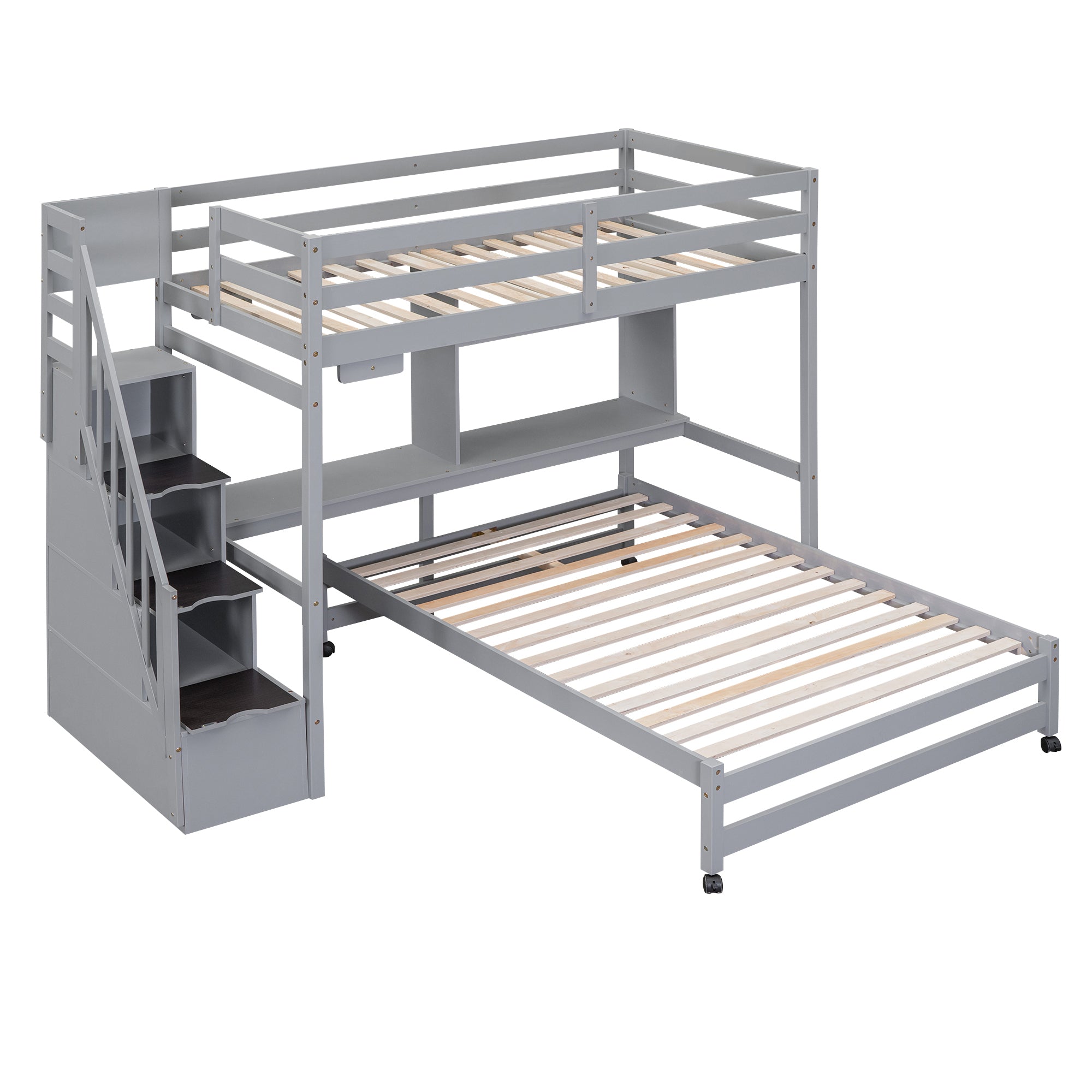 Twin over Full Bunk Bed with Storage Staircase, Desk, Shelves and Hanger for Clothes, Gray