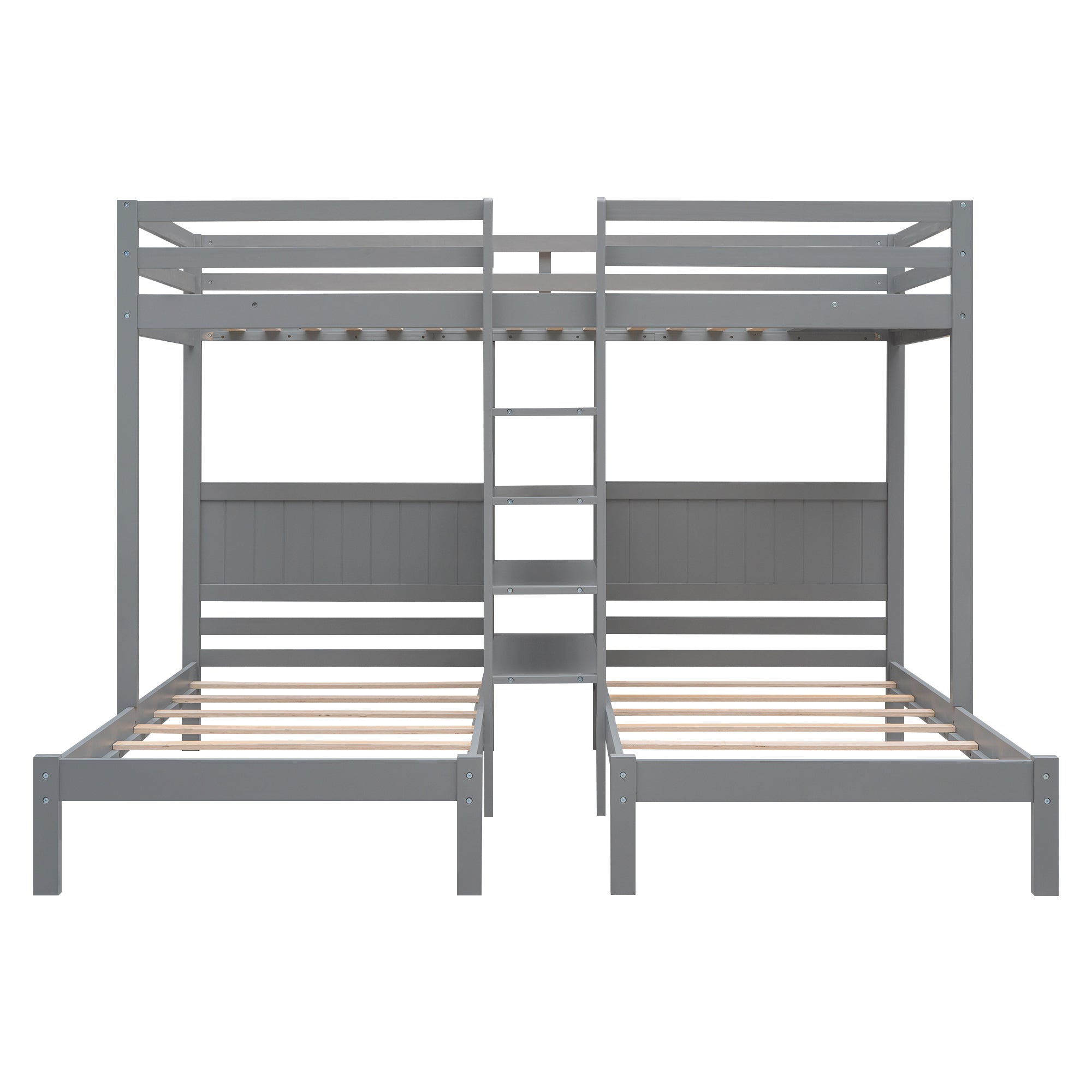 Twin XL over Twin&Twin Bunk Bed with Built-in Four Shelves and Ladder,Gray