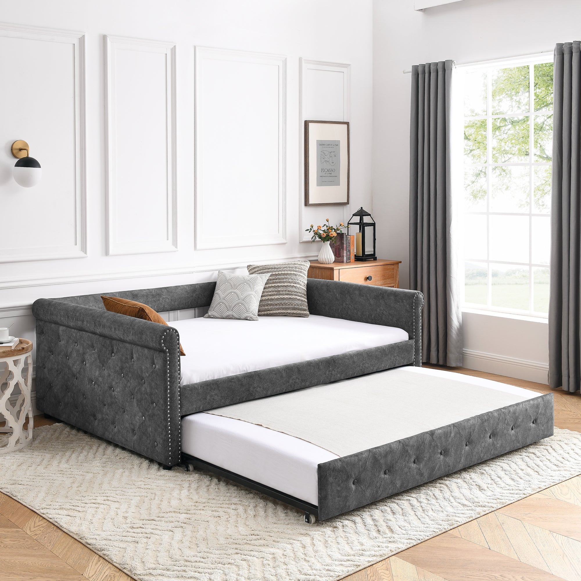 Daybed with Trundle Upholstered Tufted Sofa Bed, with Button and Copper Nail on Arms，Full Daybed & Twin Trundle, Grey（85.5“x57”x30.5“）