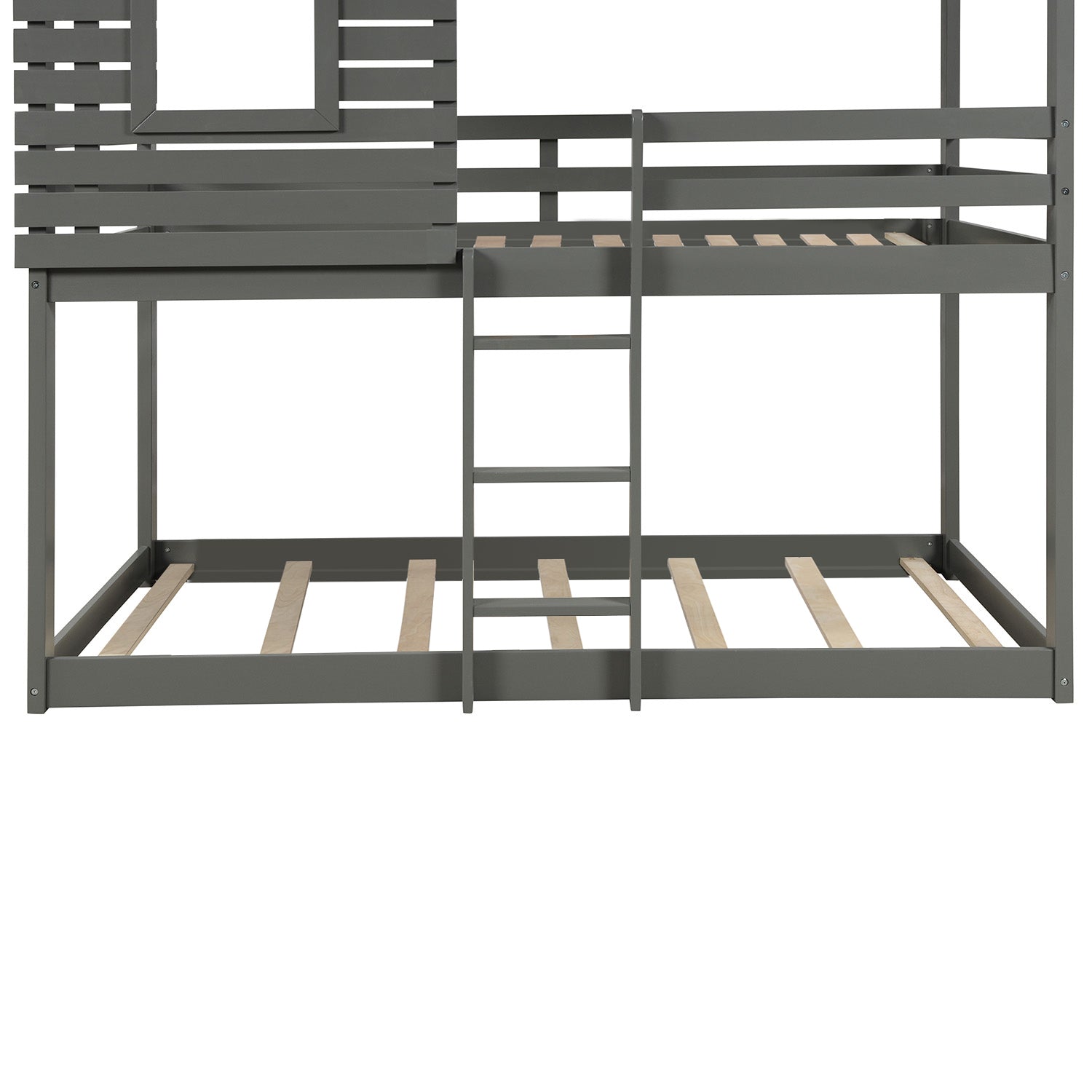 Twin Over Twin Bunk Bed Wood Loft Bed with Roof, Window, Guardrail, Ladder (Gray)(OLD SKU: LP000088AAN)