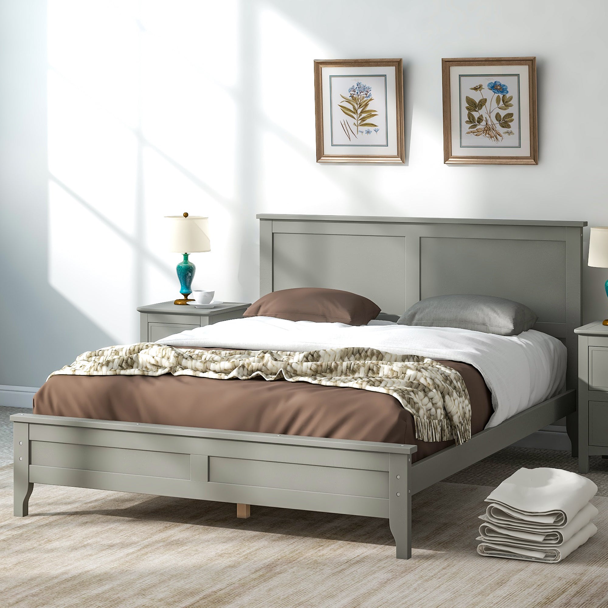 Modern Gray Solid Wood Full Platform Bed