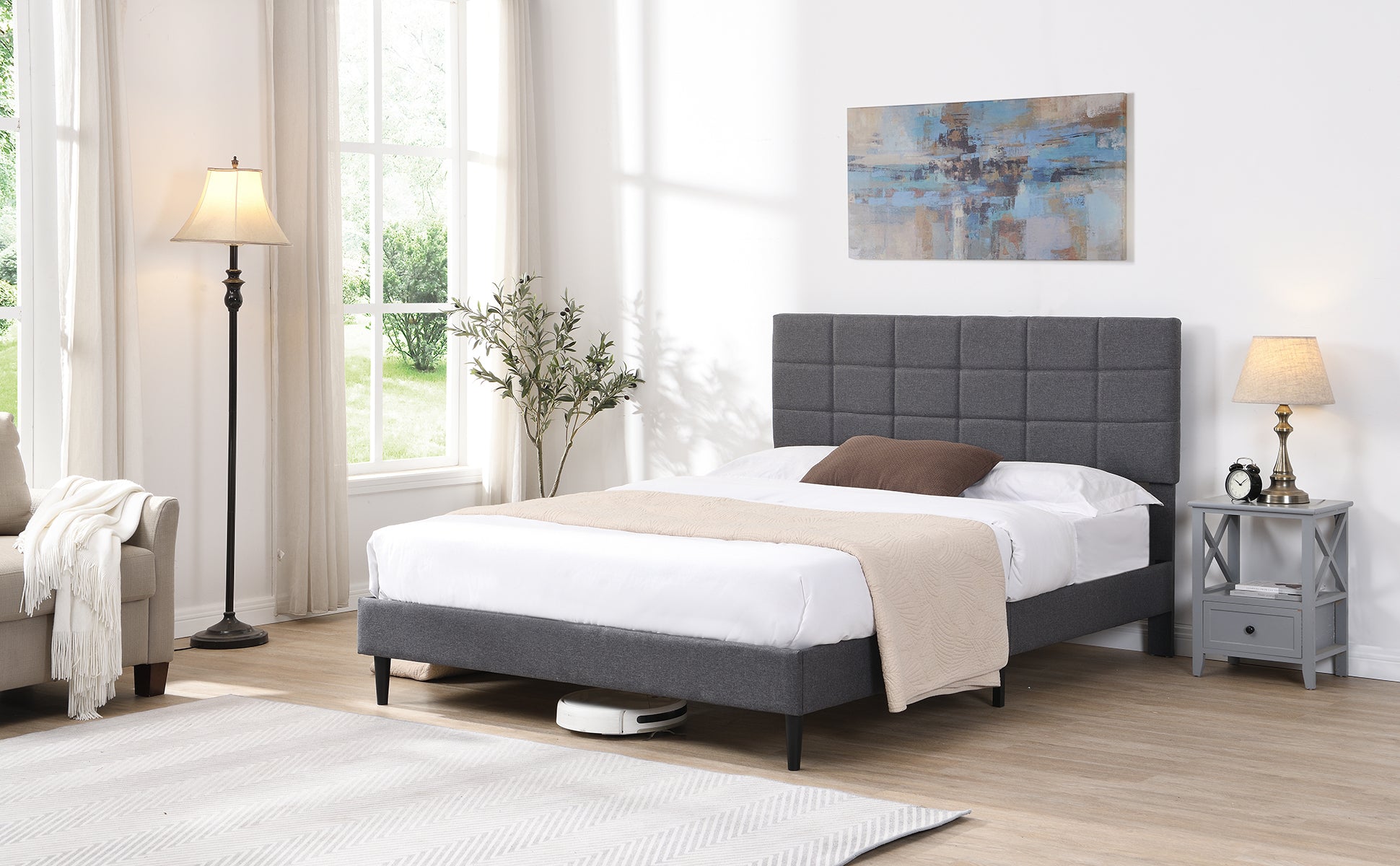 Queen Size Platform Bed Frame with Fabric Upholstered Headboard and Wooden Slats, No Box Spring Needed/Easy Assembly, Gray