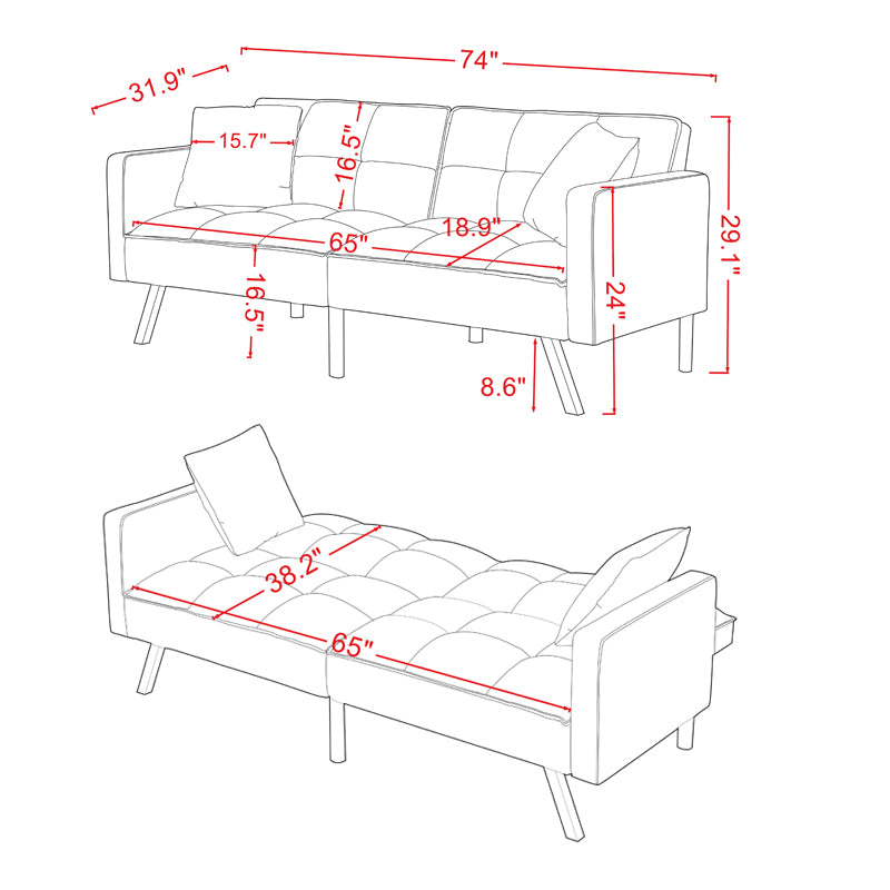 FUTON SOFA SLEEPER Beige VELVET WITH 2 PILLOWS