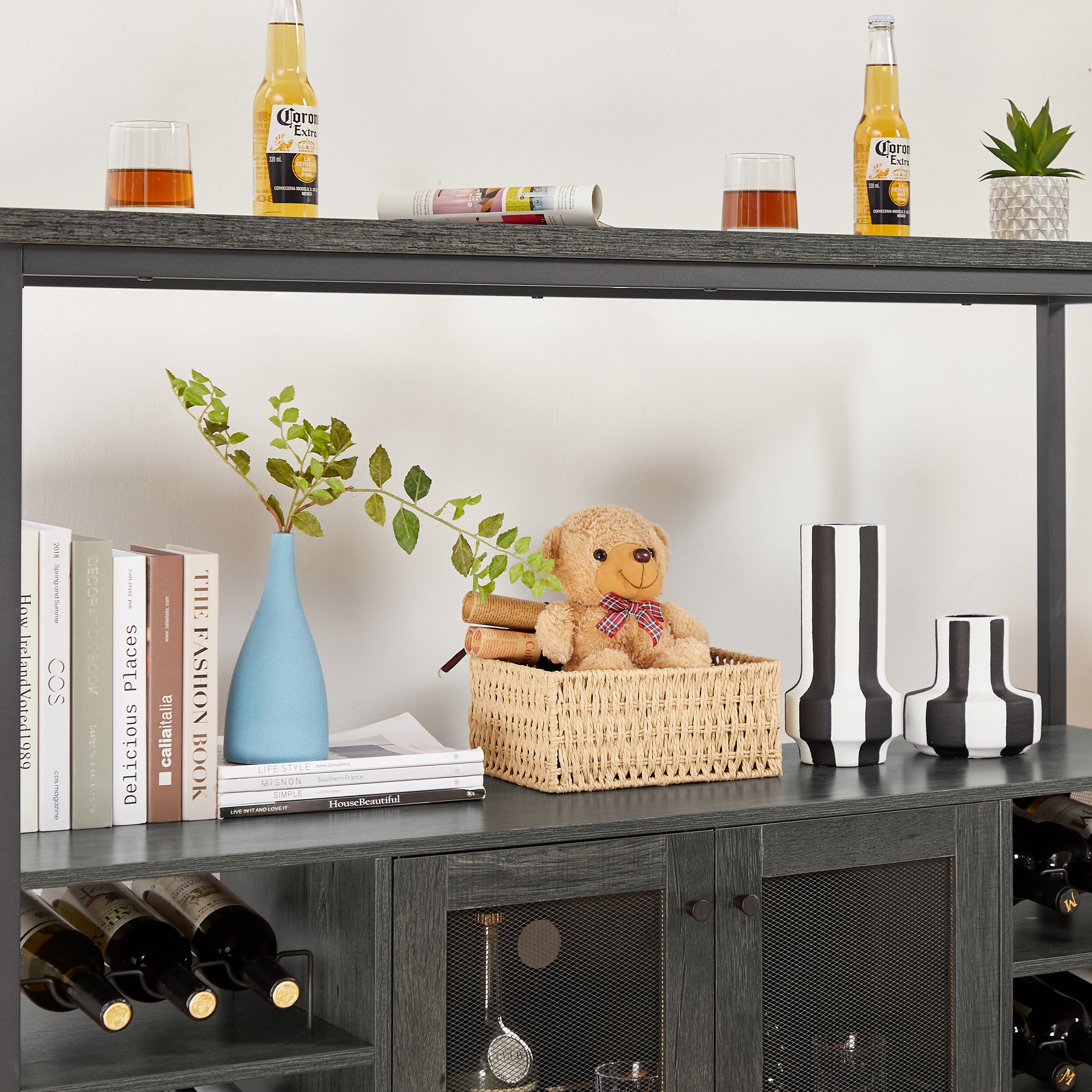 Wine shelf table, modern wine bar cabinet, console table, bar table, TV cabinet, sideboard with storage compartment, can be used in living room, dining room, kitchen, entryway, hallway.Dark Grey.