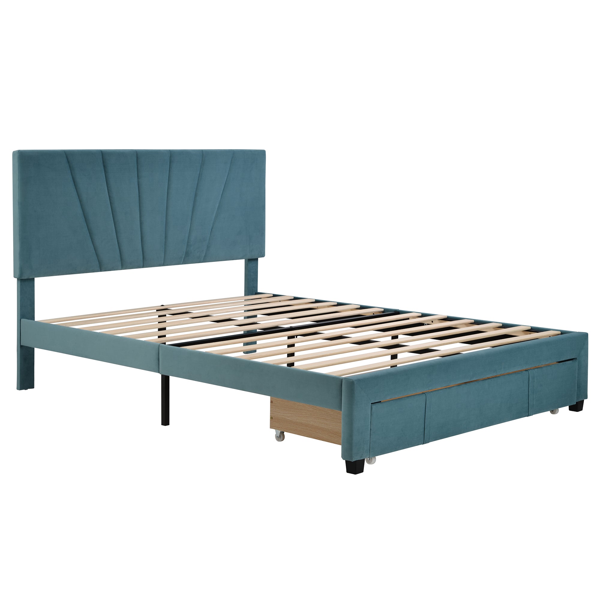 Queen Size Storage Bed Velvet Upholstered Platform Bed with a Big Drawer - Blue