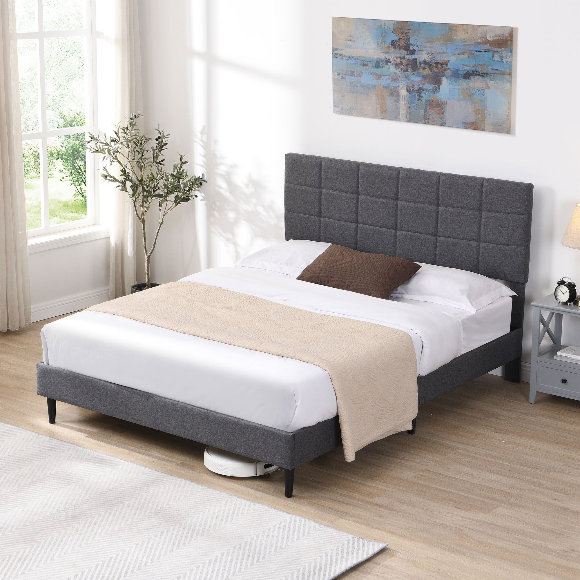 Queen Size Platform Bed Frame with Fabric Upholstered Headboard and Wooden Slats, No Box Spring Needed/Easy Assembly, Gray