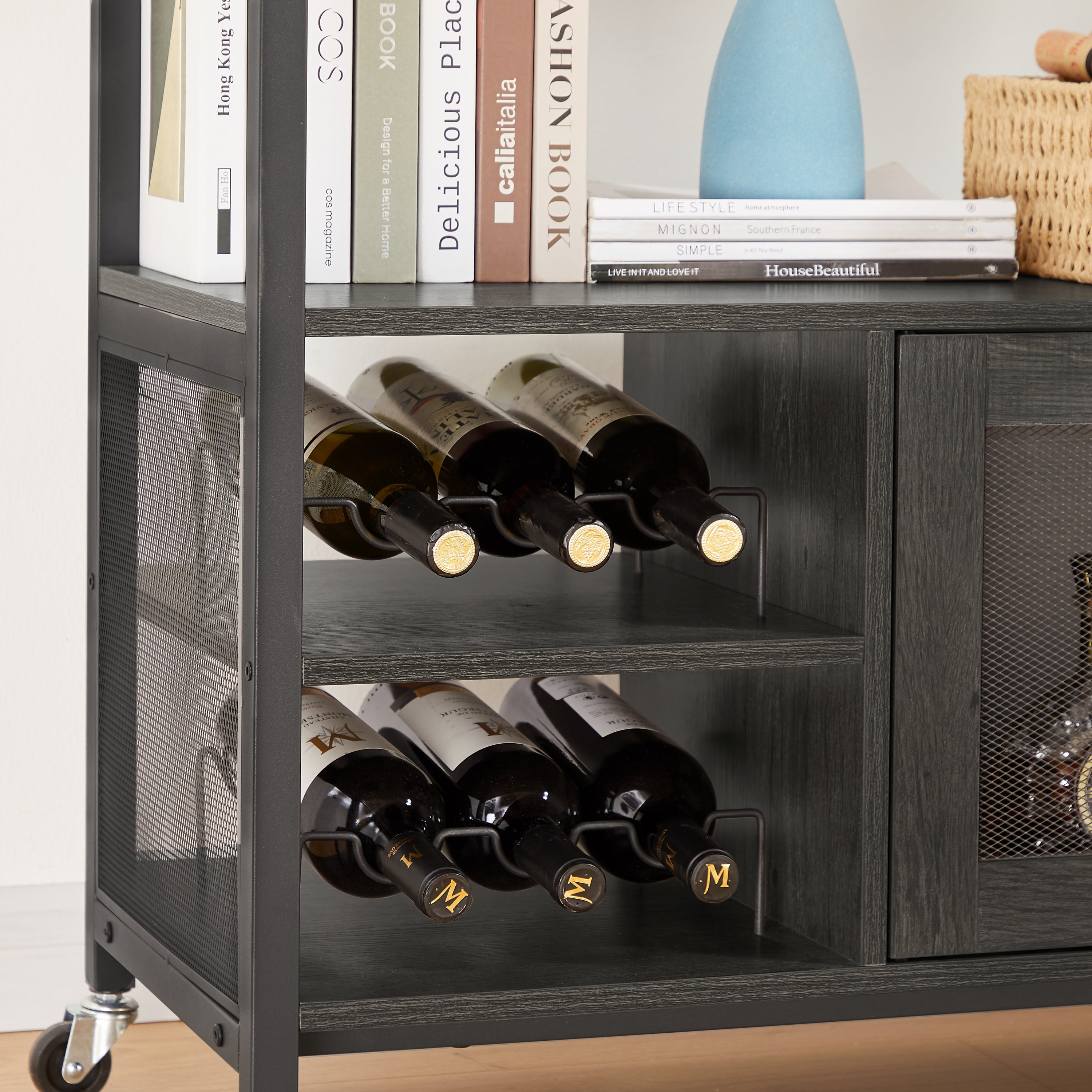 Wine shelf table, modern wine bar cabinet, console table, bar table, TV cabinet, sideboard with storage compartment, can be used in living room, dining room, kitchen, entryway, hallway.Dark Grey.