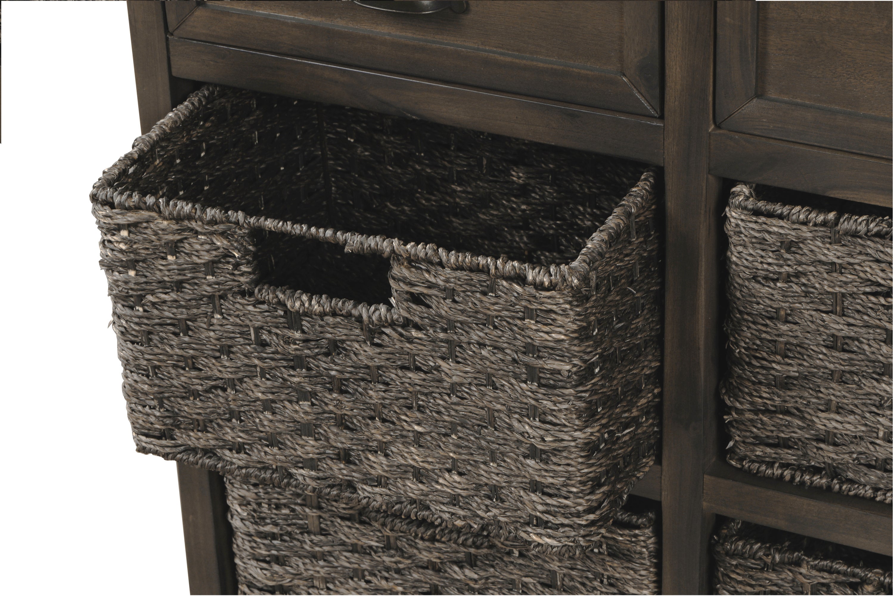 TREXM Rustic Storage Cabinet with Two Drawers and Four  Classic Rattan Basket for Dining Room/Living Room (Brown Gray)