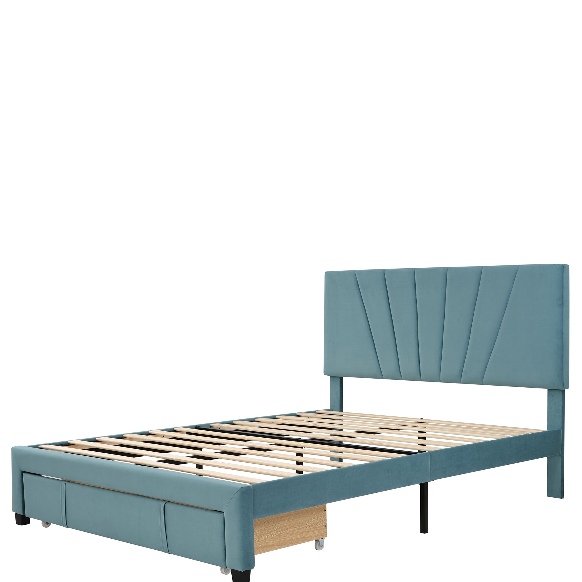 Queen Size Storage Bed Velvet Upholstered Platform Bed with a Big Drawer - Blue