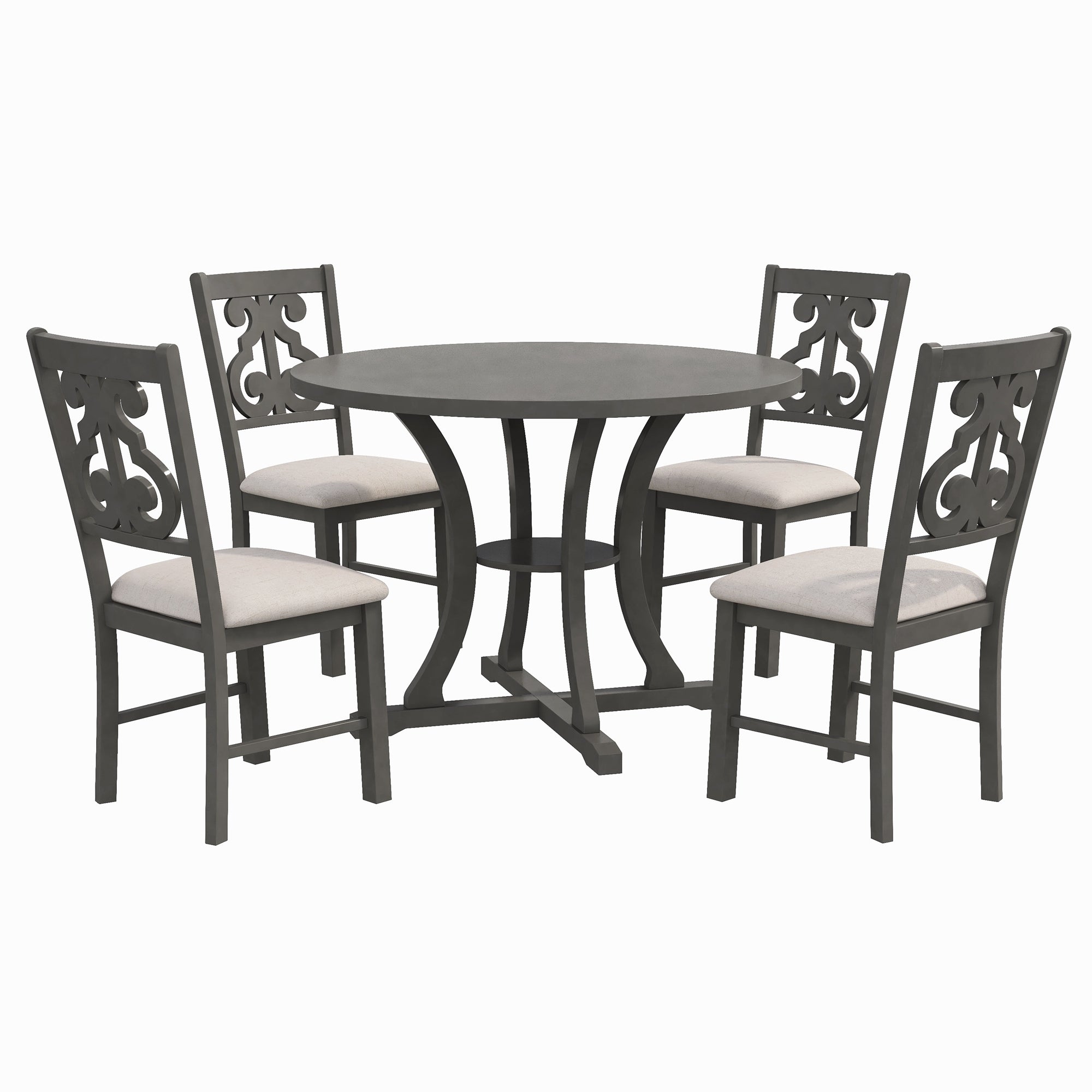 TREXM 5-Piece Round Dining Table and Chair Set with Special-shaped Legs and an Exquisitely Designed Hollow Chair Back for Dining Room (Gray)