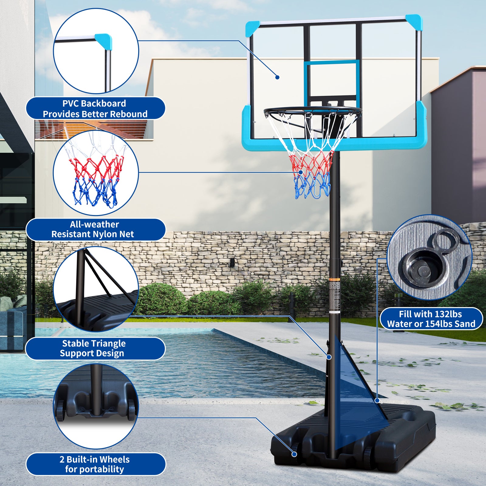 Portable Poolside Black Basketball Hoop Swimming Pool 4ft to 6.5ft Height-Adjustable patio Basketball System Goal Stand for Kids