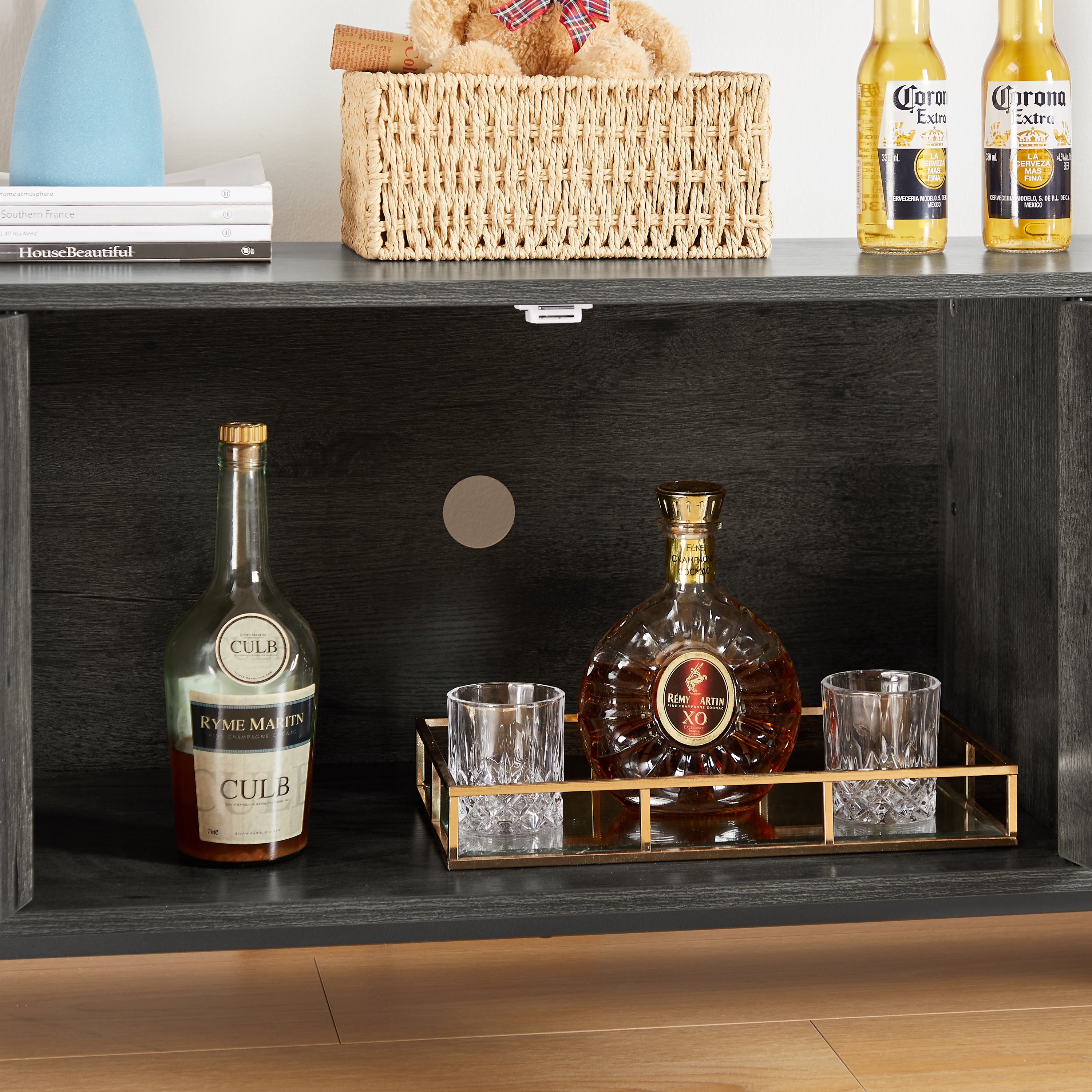 Wine shelf table, modern wine bar cabinet, console table, bar table, TV cabinet, sideboard with storage compartment, can be used in living room, dining room, kitchen, entryway, hallway.Dark Grey.