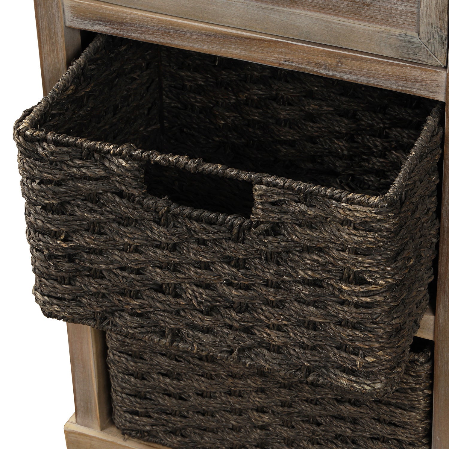 TREXM Rustic Storage Cabinet with Two Drawers and Four Classic Rattan Basket for Dining Room/Living Room (White Washed)