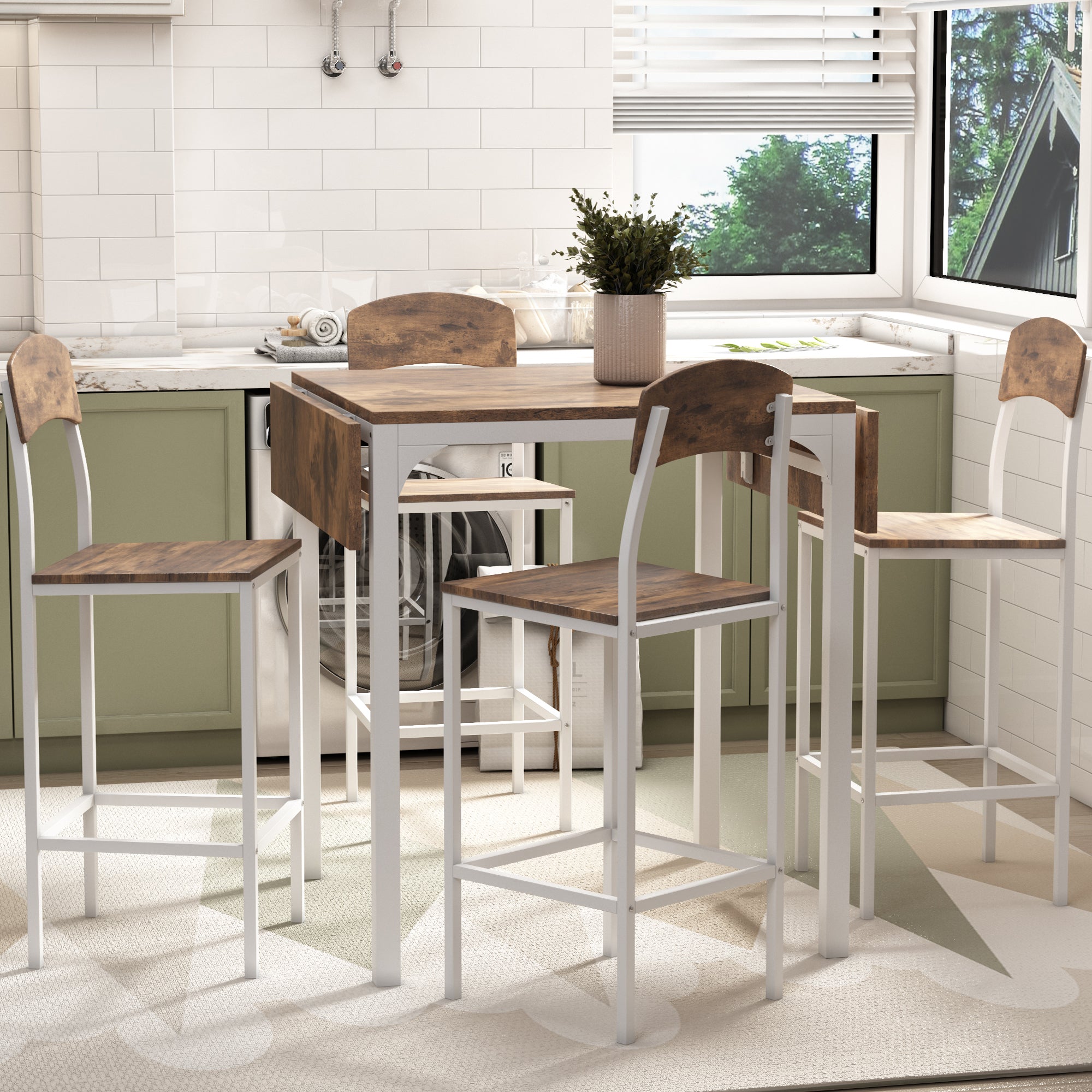 TOPMAX Farmhouse 5-piece Counter Height Drop Leaf Dining Table Set with Dining Chairs for 4,White Frame+ Rustic Brown Tabletop