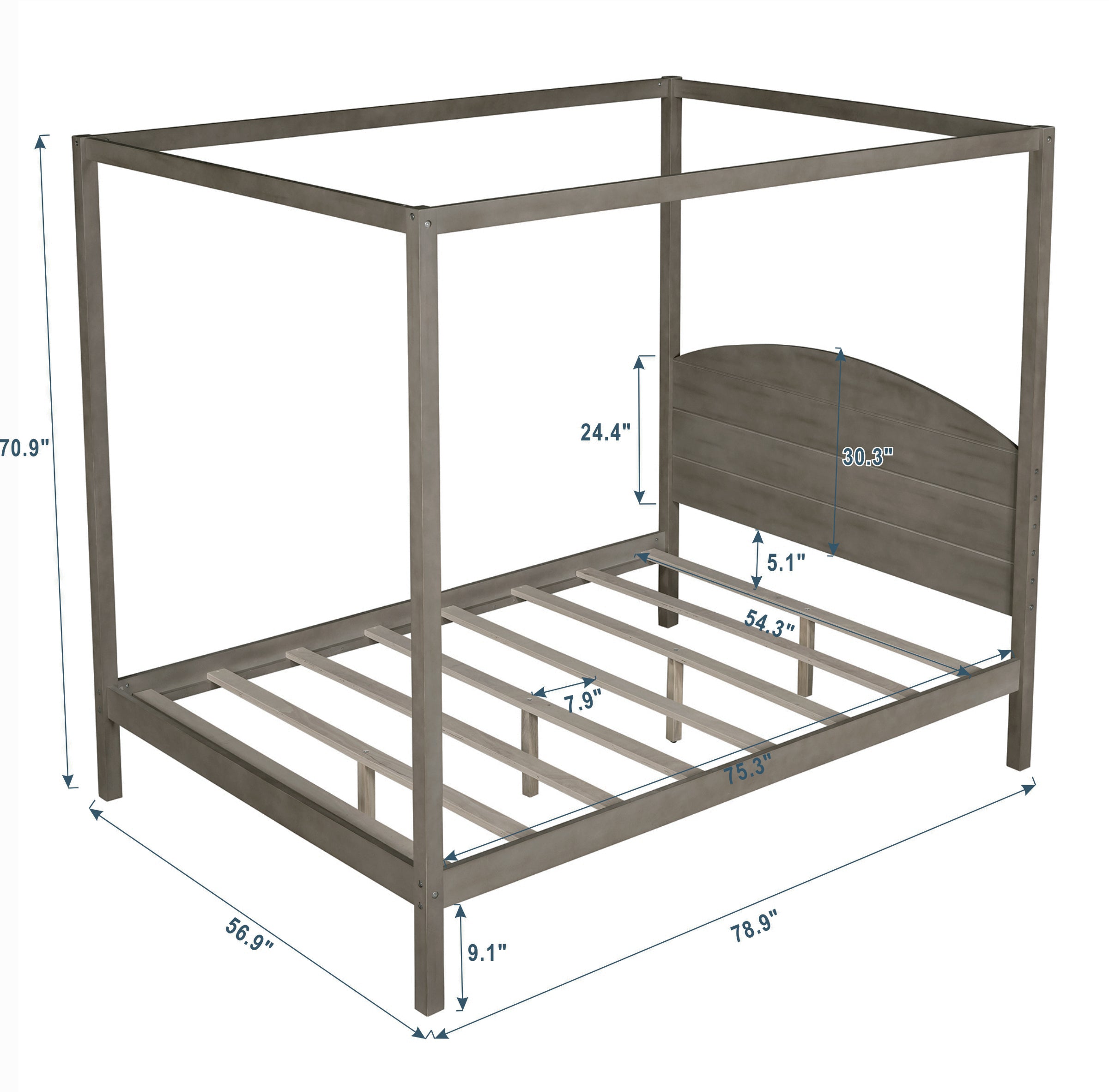 Full Size Canopy Platform Bed with Headboard and Support Legs,Brown Wash