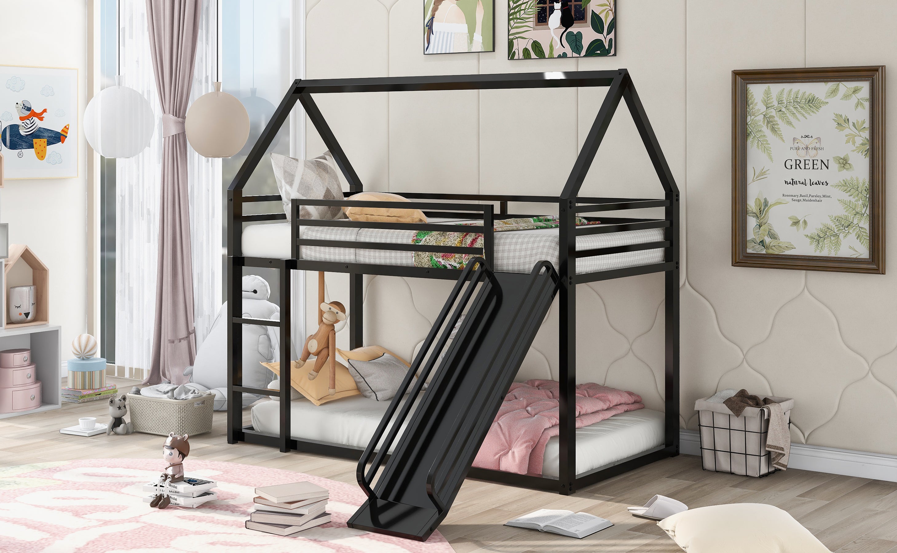 Twin over Twin House Bunk Bed with Ladder and Slide,Black