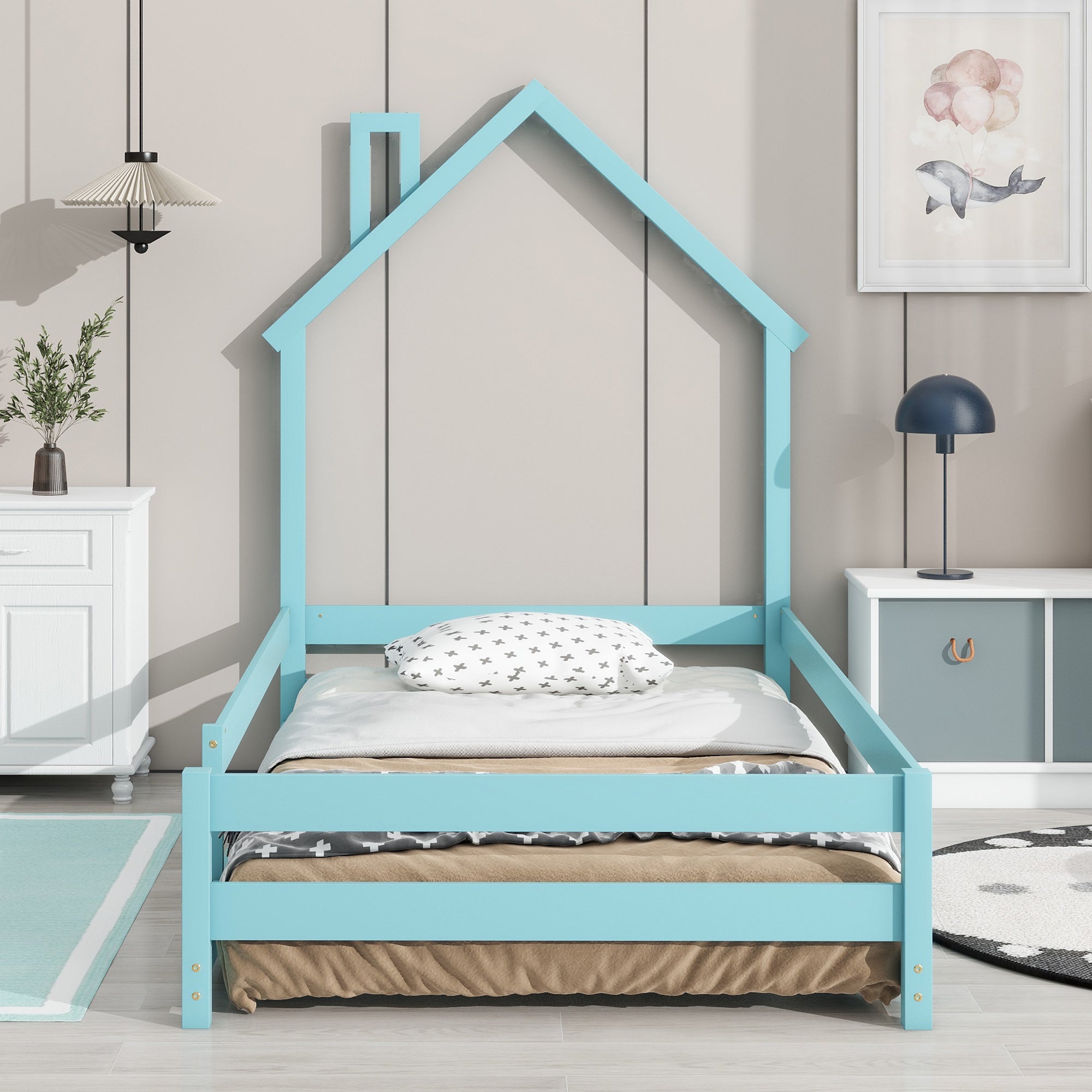 Twin Size Wood bed with House-shaped Headboard Floor bed with Fences,Light Blue