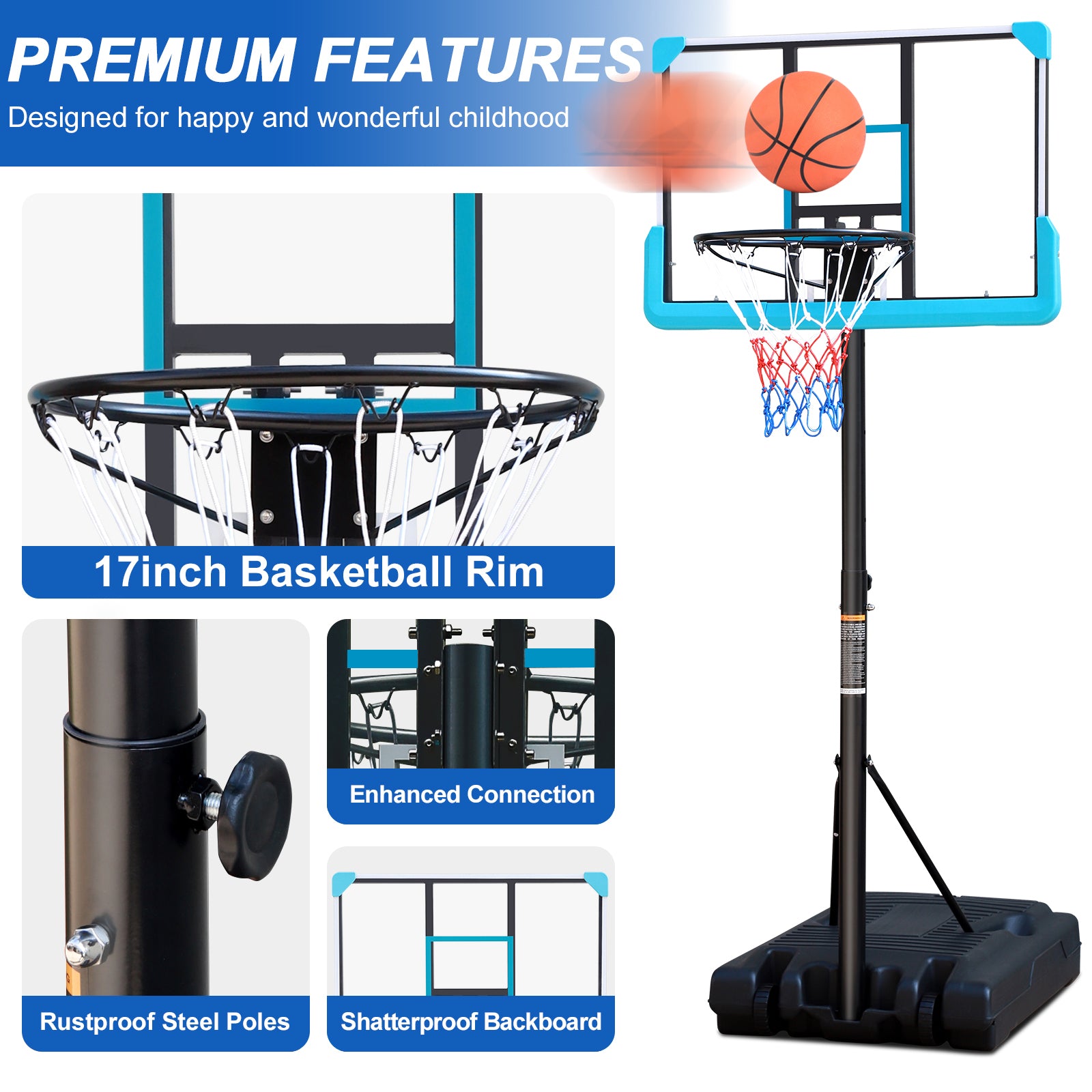 Portable Poolside Black Basketball Hoop Swimming Pool 4ft to 6.5ft Height-Adjustable patio Basketball System Goal Stand for Kids