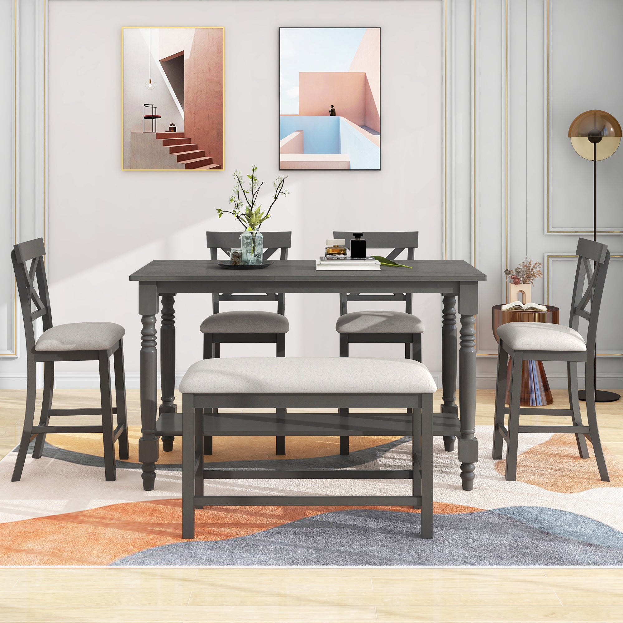 TREXM 6-Piece Counter Height Dining Table Set Table with Shelf 4 Chairs and Bench for Dining Room (Gray)