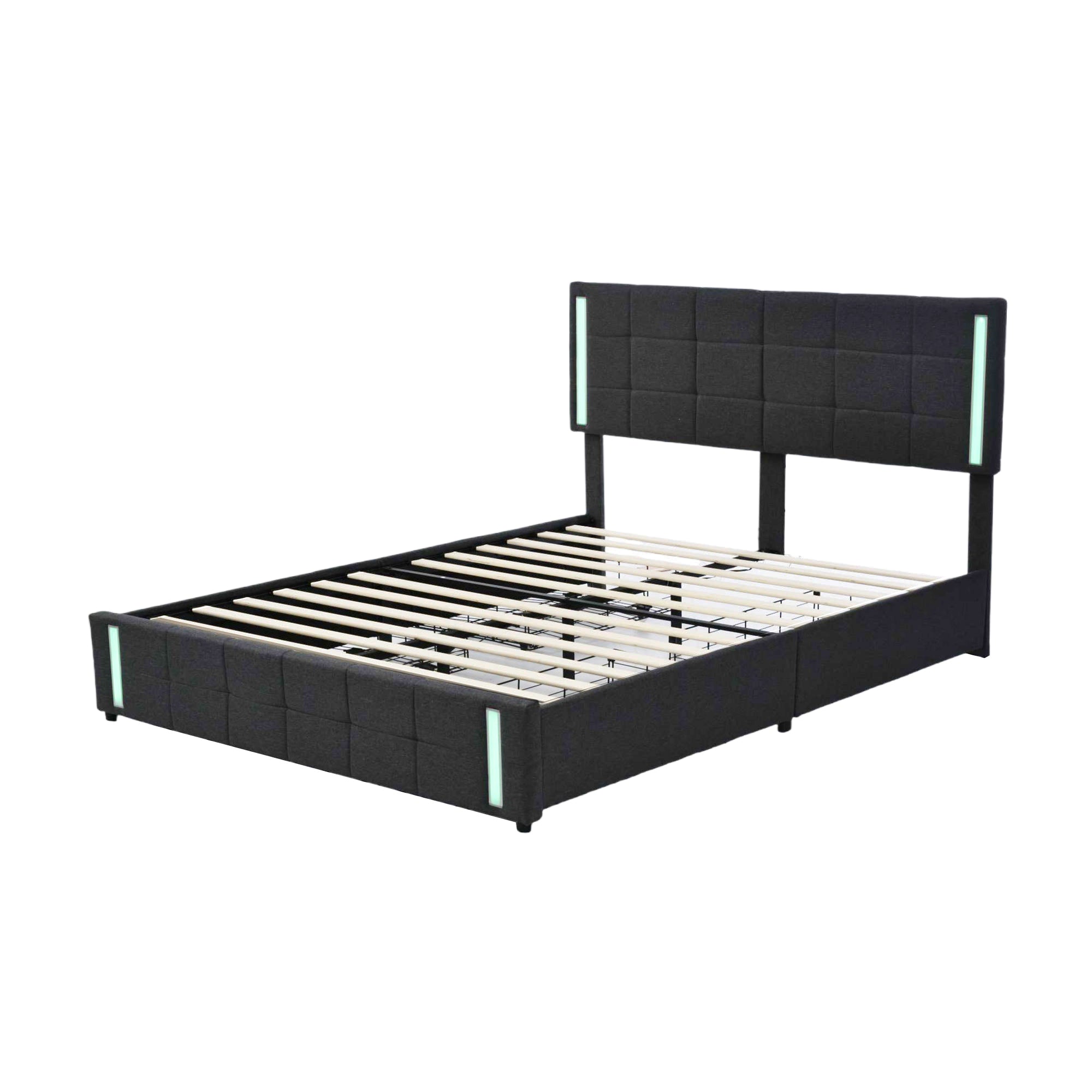 Queen Size Upholstered Platform Bed with LED Lights and USB Charging, Storage Bed with 4 Drawers, Dark Gray