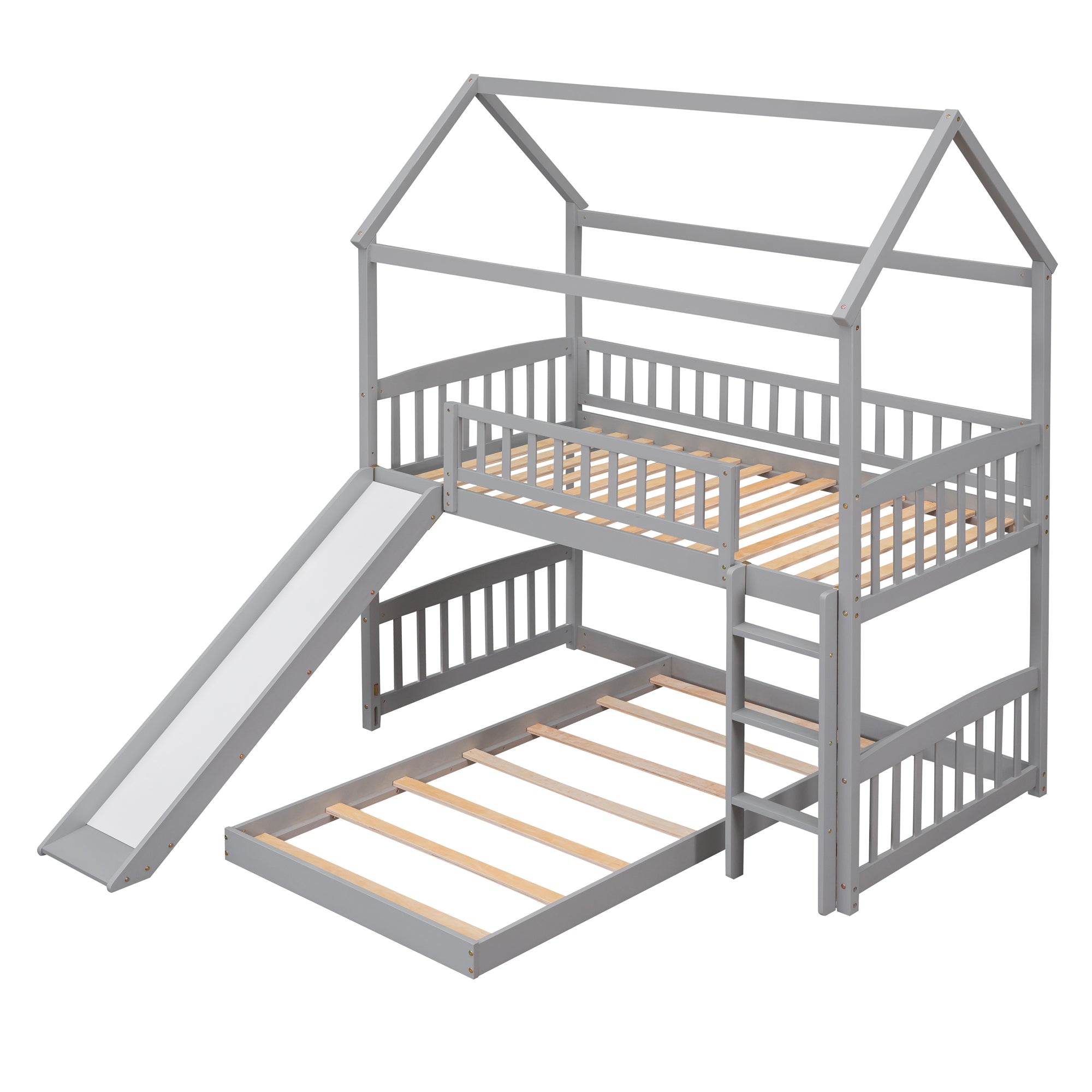 Twin Over Twin Bunk Bed with Slide, House Bed with Slide, Gray(OLD SKU: LT000214AAE)