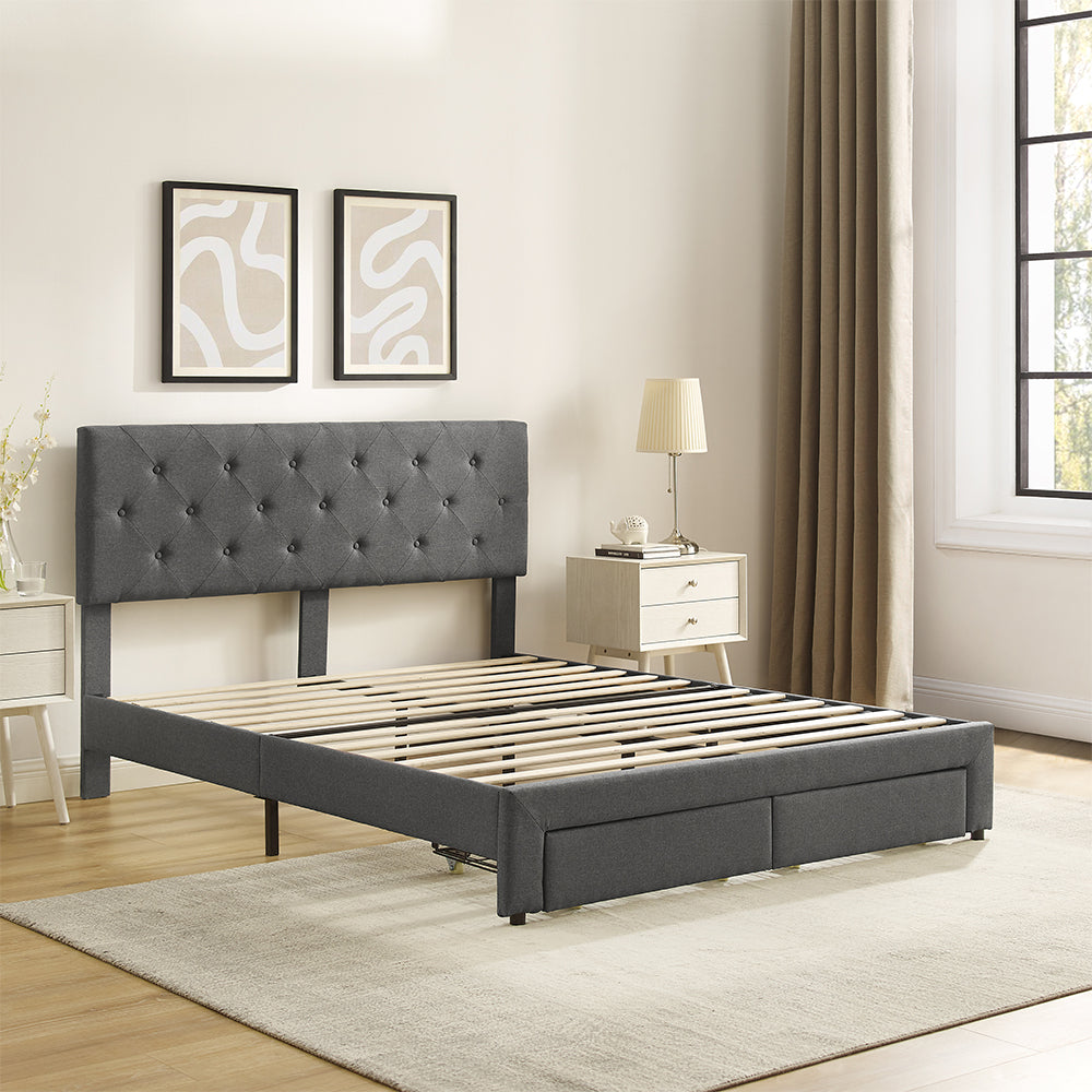 Full Size Storage Bed Linen Upholstered Platform Bed with a 2 Drawers (Grey)