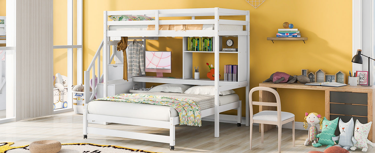 Twin over Full Bunk Bed with Storage Staircase, Desk, Shelves and Hanger for Clothes, White